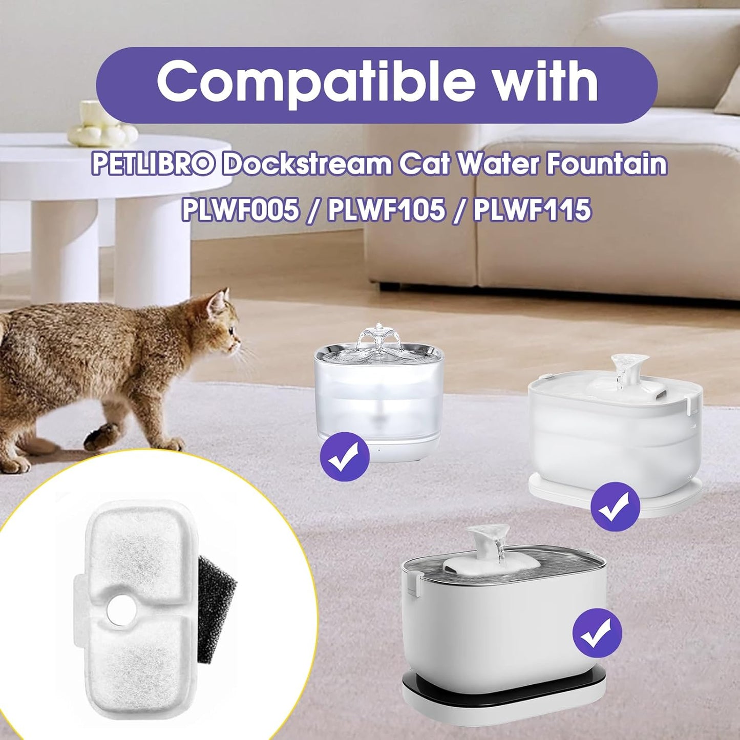 8 Cat Water Fountain Filter, Cat Water Fountain Filters Replacement for Petlibro Compatible with PLWF005 / PLWF105 / PLWF115 (8)