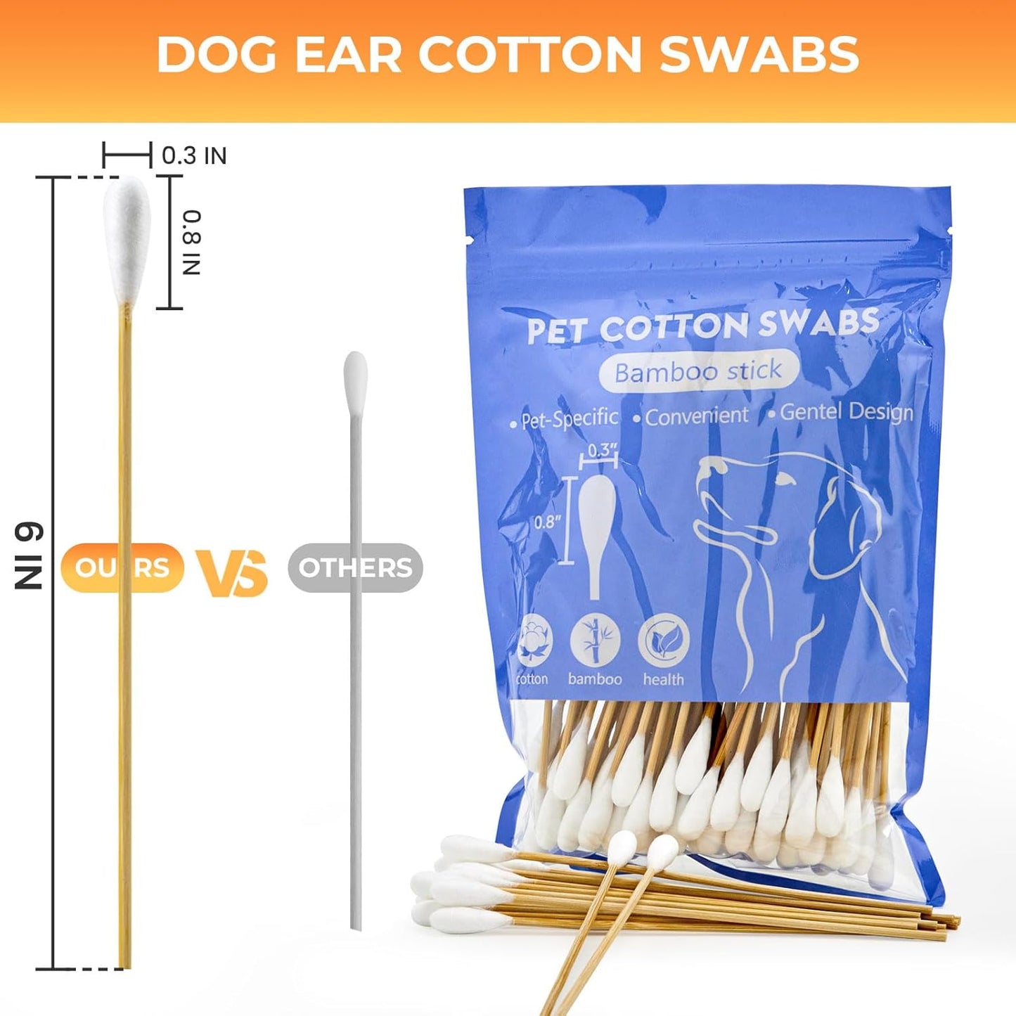 OwnWise 200PCS Large Cotton Swabs, 6 Inch Dog Ear Swabs with Strong Bamboo Handle - Highly Absorbent, Lint Free Cotton Buds for Dogs Ear Cleaning