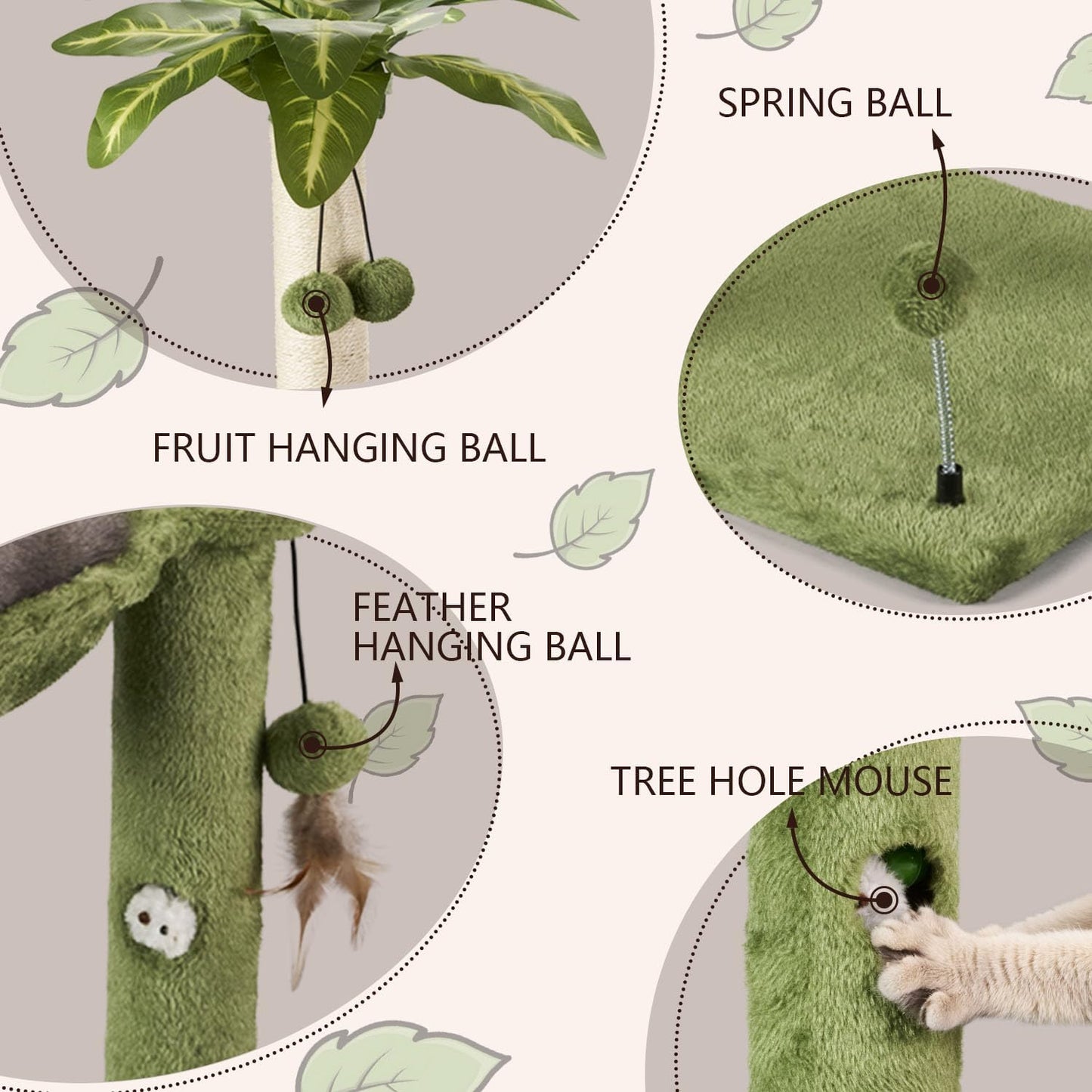 MECOOL Cat Tree for Indoor Cats 35" Tall Cat Scratching Post with Large Cat Hammcok and Hanging Ball Toys Plant Green