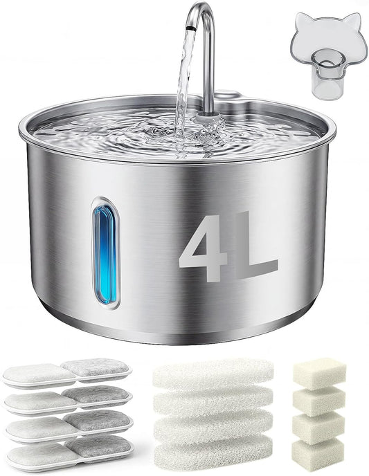 Stainless Steel Cat Water Fountain, 4L/135oz Large Capacity Automatic Pet Water Fountain for Cats & Small Dogs, Quiet USB Powered Pet Water Dispenser with 4 Filters & 4 Sponges