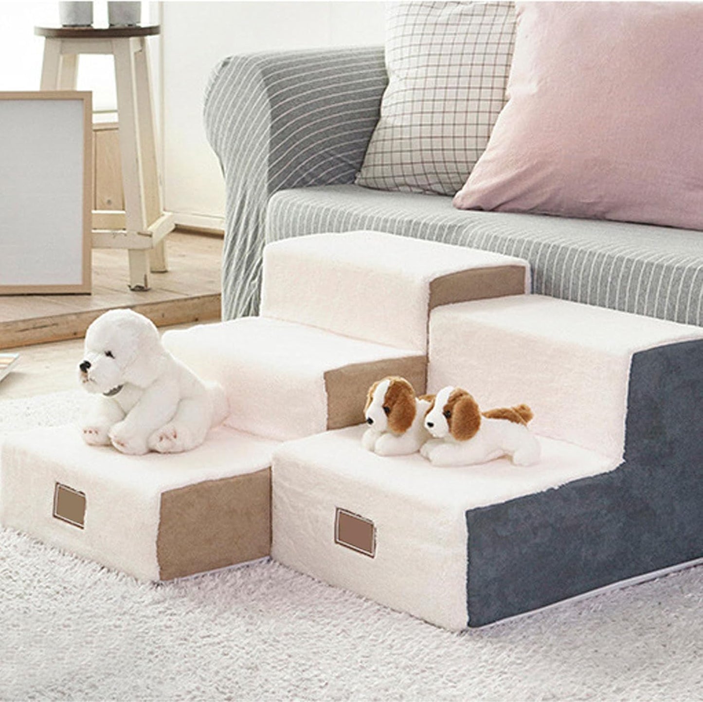 Luqeeg Pet Stairs, 14.2 Inch High Foam Dog Steps Ramp, Soft Enhanced Comfort Stable Structure Stylish Look Versatile 3 Steps Pet Puppy Stairs for Small (Coffee (Cover and Liner))