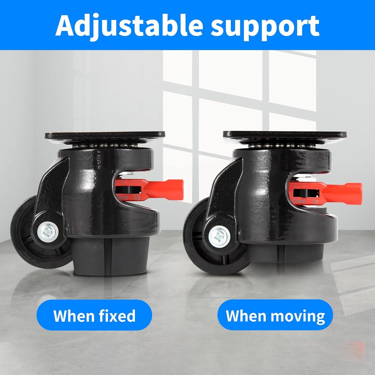 Nefish Heavy Duty Leveling Machine Casters 2200 LBS, Upgraded Ratchet Arm Design Leveling Retractable Castors Set of 4, Aluminum Base & Industrial Grade Rubber Workbench Caster for Industrial, Machine