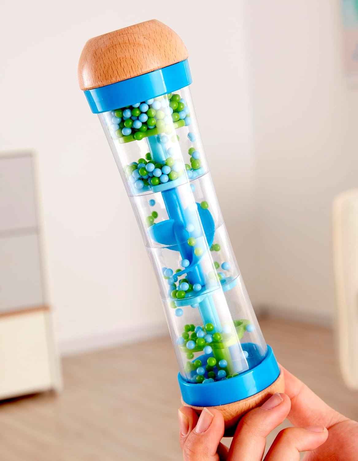 Hape Beaded Raindrops | Mini Wooden Musical Shake & Rattle Rainmaker Toy, Blue, Model Number: E0328B