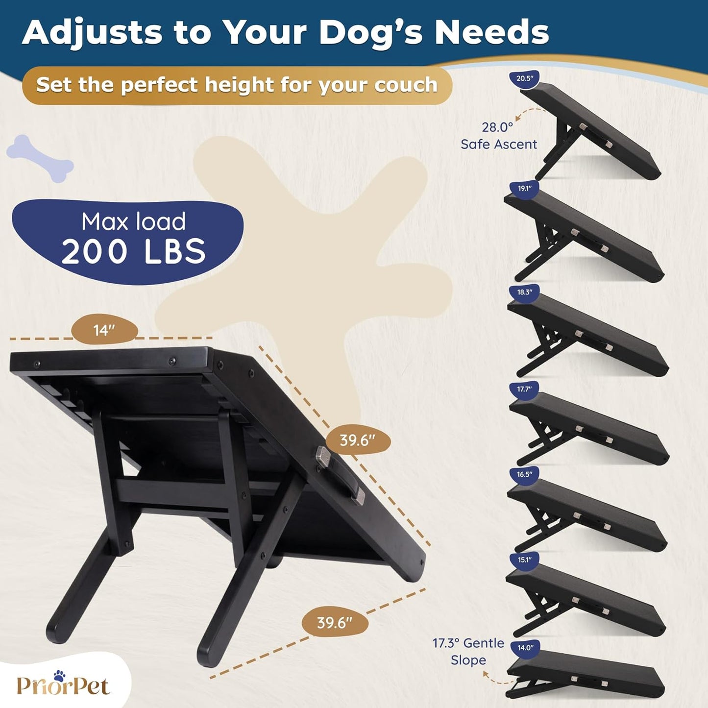 Dog ramp for Couch – Non-Slip, Sturdy Build Foldable Dog ramp – Supports up to 200lbs – Adjustable 7'' to 20'' – Landing Platform Seamlessly Connects – Birchwood Pet Ramp for Small Dogs – Black
