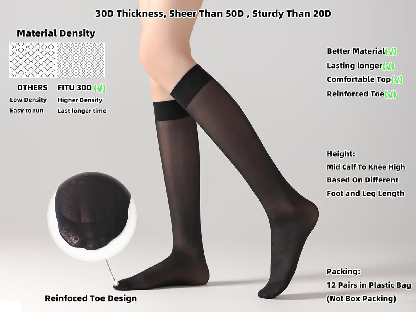 Womens 30D Mid Calf to Knee High Sheer Stockings For Lady