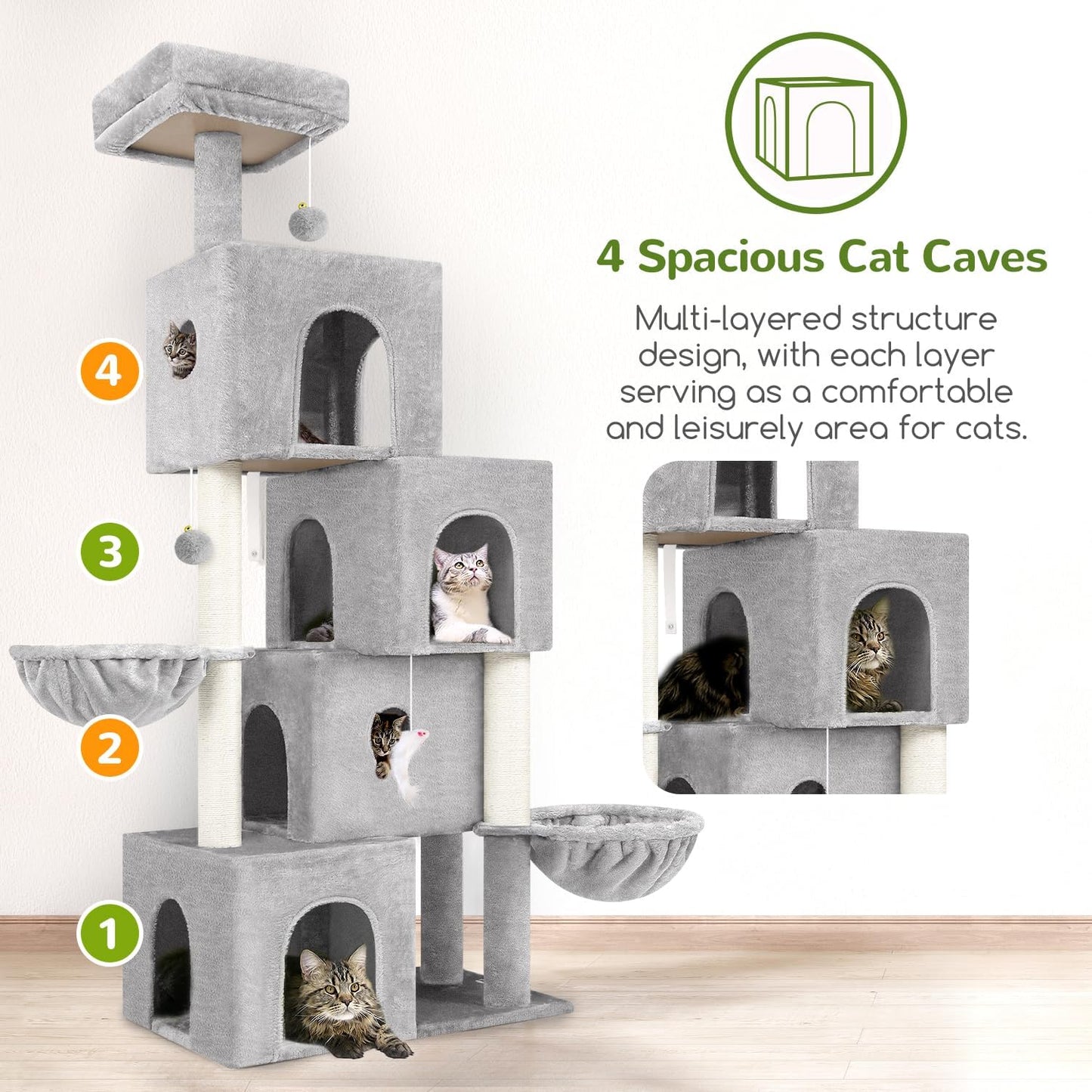 Globlazer Large Cat Tree Condos for Indoor Cats Large Adult, 70inch Tall Cat Tree Condo Tower with 4 Spacious Cat Condo Houses, 3 Sisal Scratching Posts, 2 Adjustable Hanging Baskets, F70C, Cloud Gray