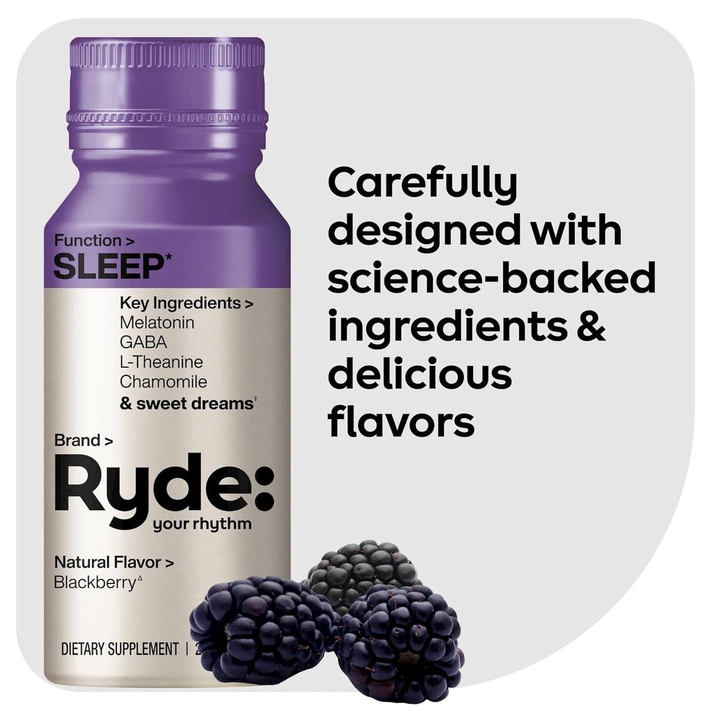 Ryde: SLEEP | 2oz Sleep Shot for Occasional Use | Melatonin, GABA, L-Theanine & Chamomile | Blackberry Natural Flavor | Sugar-Free, Zero Calories, Vegan | Manufactured in USA (8 Pack)