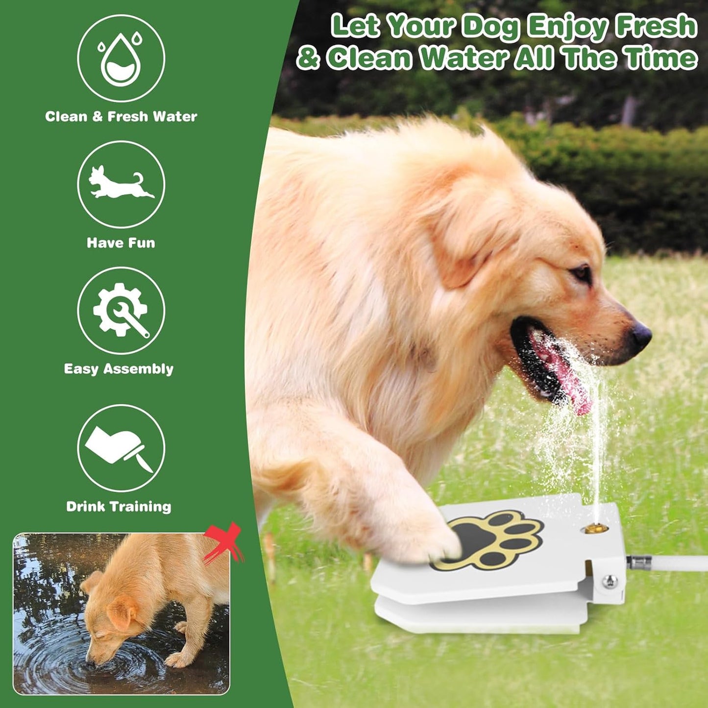 Dog Water Fountain Outdoor, Dog Sprinkler Drinking Water Dispenser Step-on, Paw Activated Drinking Pet Dispenser for Dog Bowl Alternative