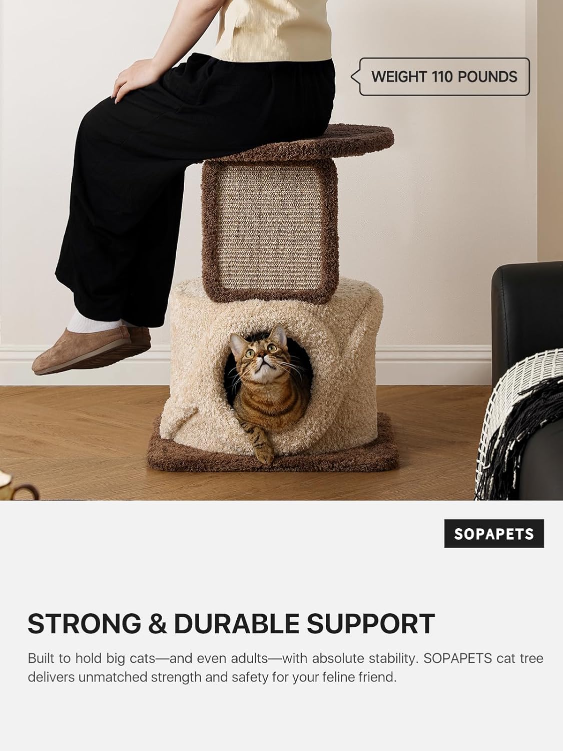 40 Inch Tall Modern Solid Wood Cat Tree Tower for Indoor Cats Large Adult, Sturdy Heavy-Duty Cat Condo with Scratching Post, Perch, Scratcher, Platform, Cozy Hideaway