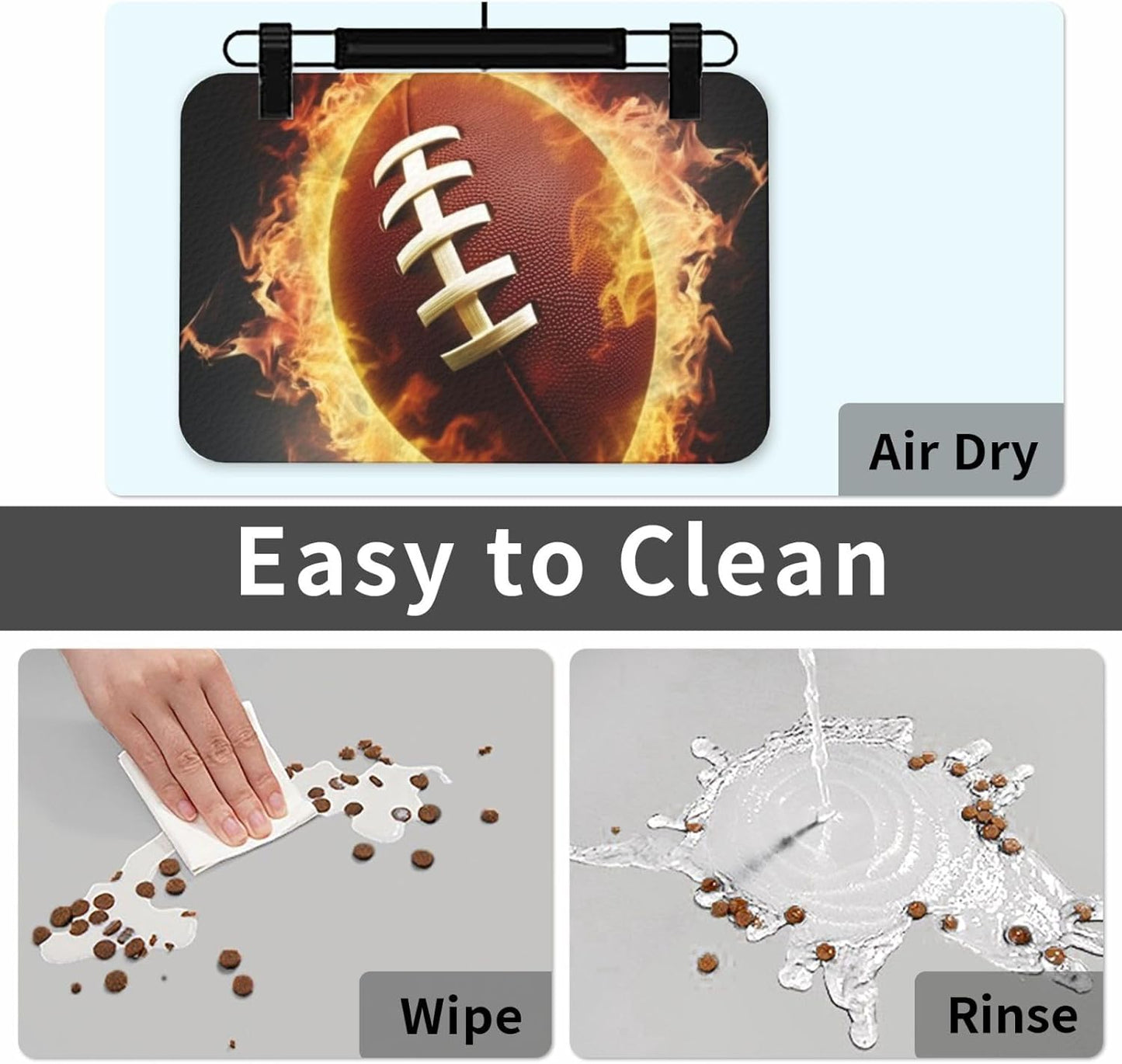 Flaming American Football Pet Feeding Mat 40x60cm Absorbent Leather Dog Cat Food Mats Non-Slip Dog Bowl Mats for Food and Water, Quick Dry Pets Placemats for Cats and Dogs Water Bowl