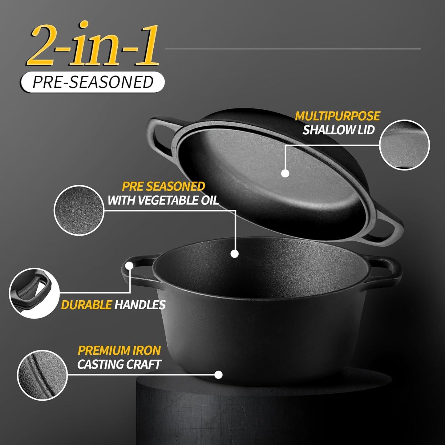 2-in-1 Pre-Seasoned Cast Iron Dutch Oven Pot with Skillet Lid Cooking Pan, Cast Iron Skillet Cookware Pan Set with Dual Handles, Indoor Outdoor for Bread/Frying/Baking/Camping/BBQ, 5 Qt