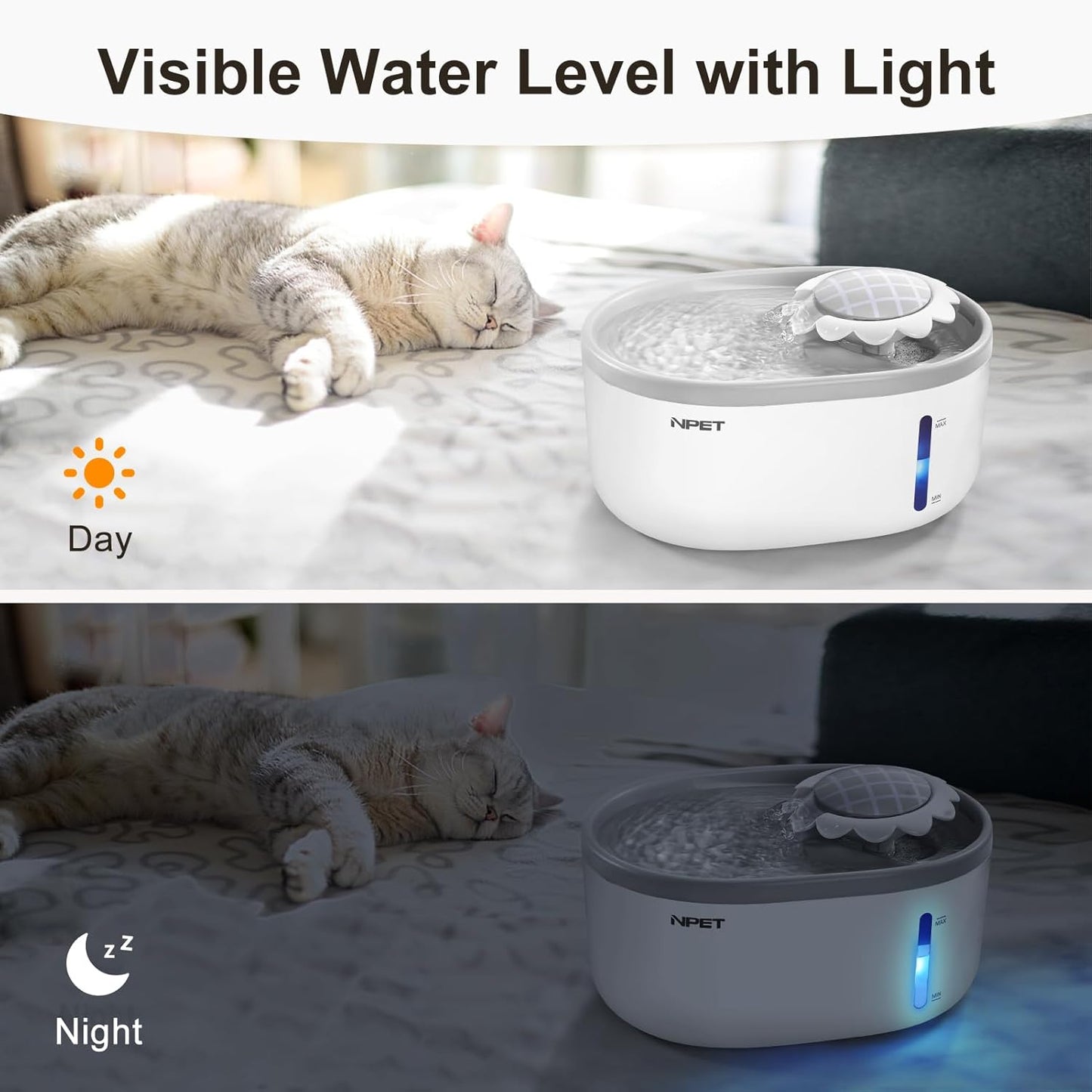 NPET Cat Water Fountain with Visible Water Level Window, White Grey 2L/67oz Automatic Pet Water Fountain with Quiet Pump, Dog Water Dispenser for Drinking (Regular)