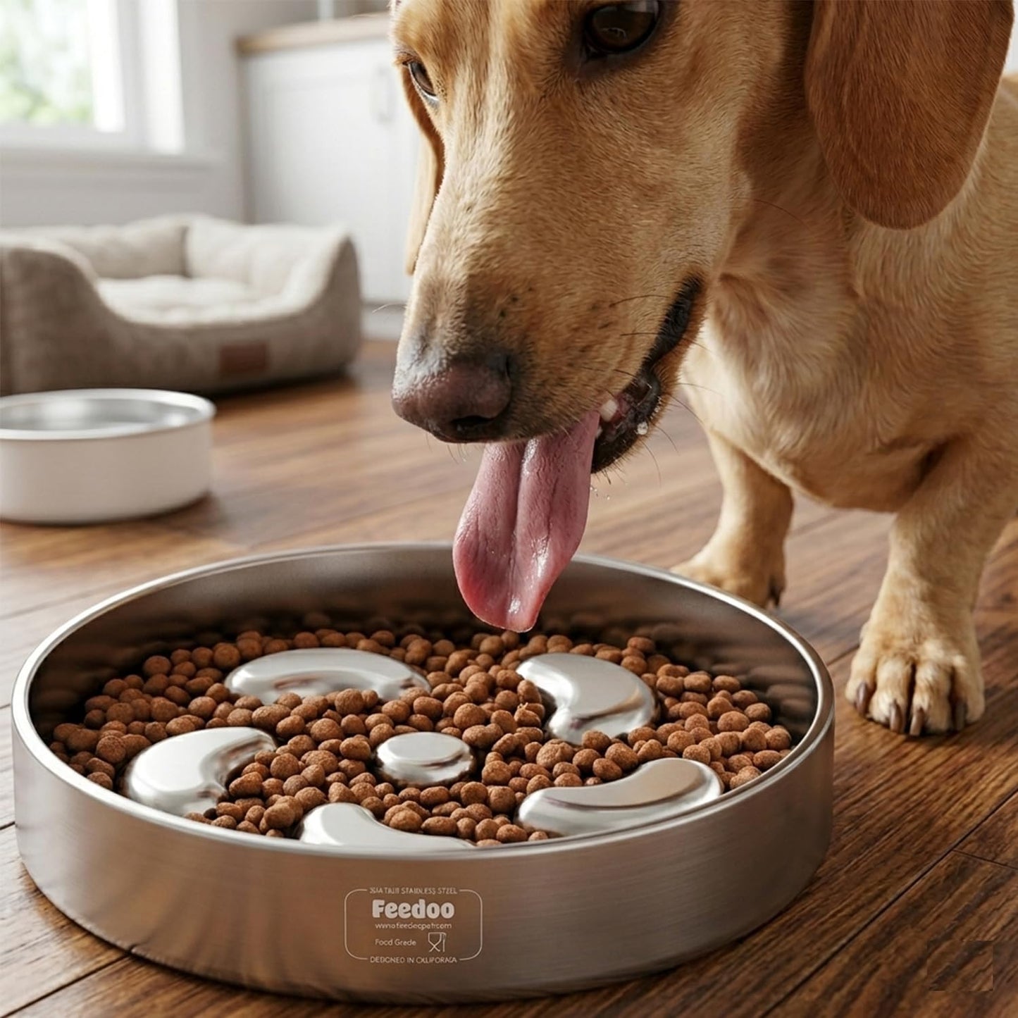 Slow Feeder Dog Bowl-2Cups for Medium Breeds, Double Wall Food-Grade Stainless Steel, Heavy Duty with Non-Slip Rubber Base, Puzzle Maze Bowl to Slow Down Eating