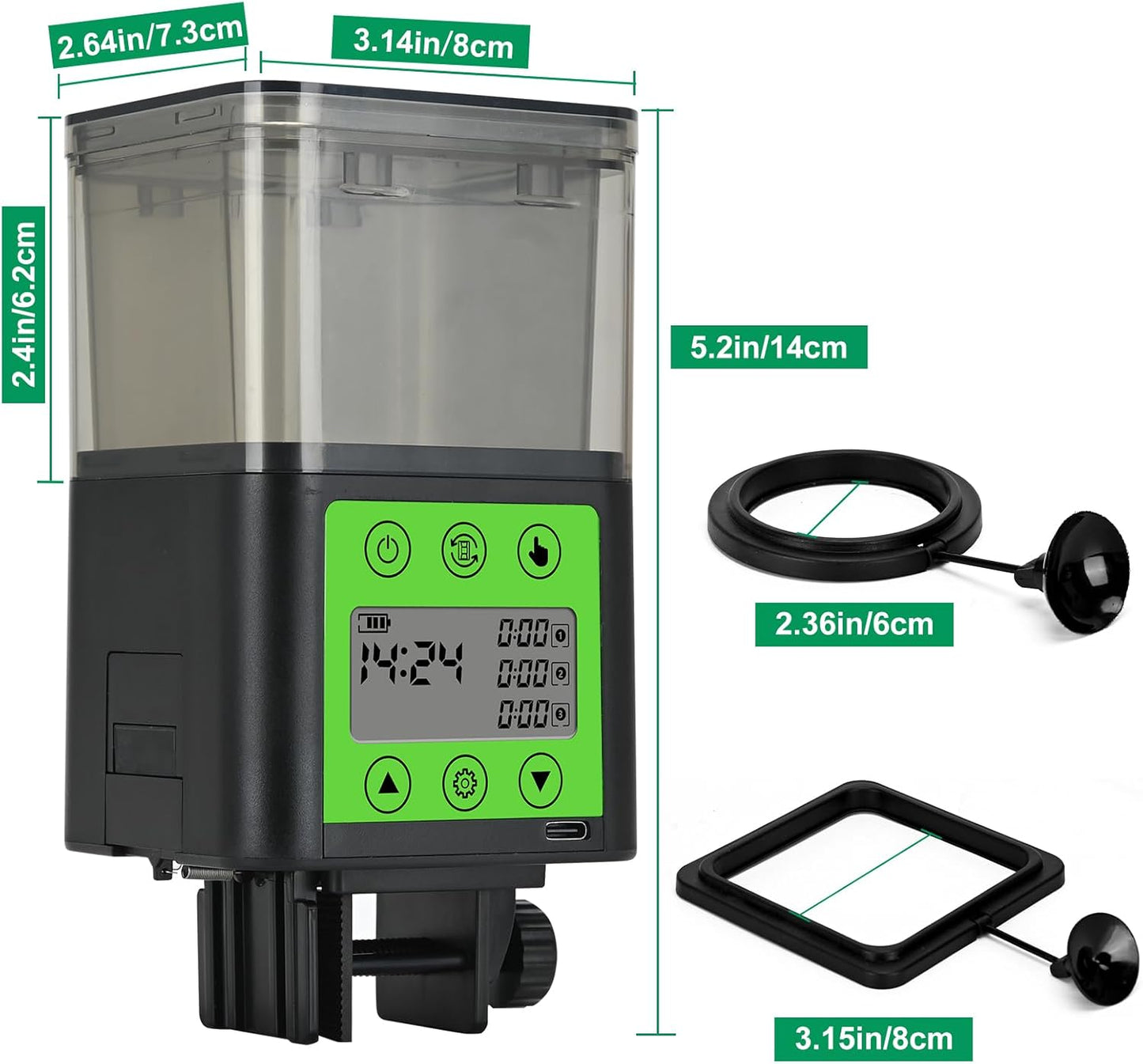 Lychee Automatic Fish Feeder - USB Rechargeable 320ML Large Capacity Aquarium Fish Food Dispenser with Two Feeding Ring, Moisture-Proof-Aquarium Electric Timer Feeder for Business Trips