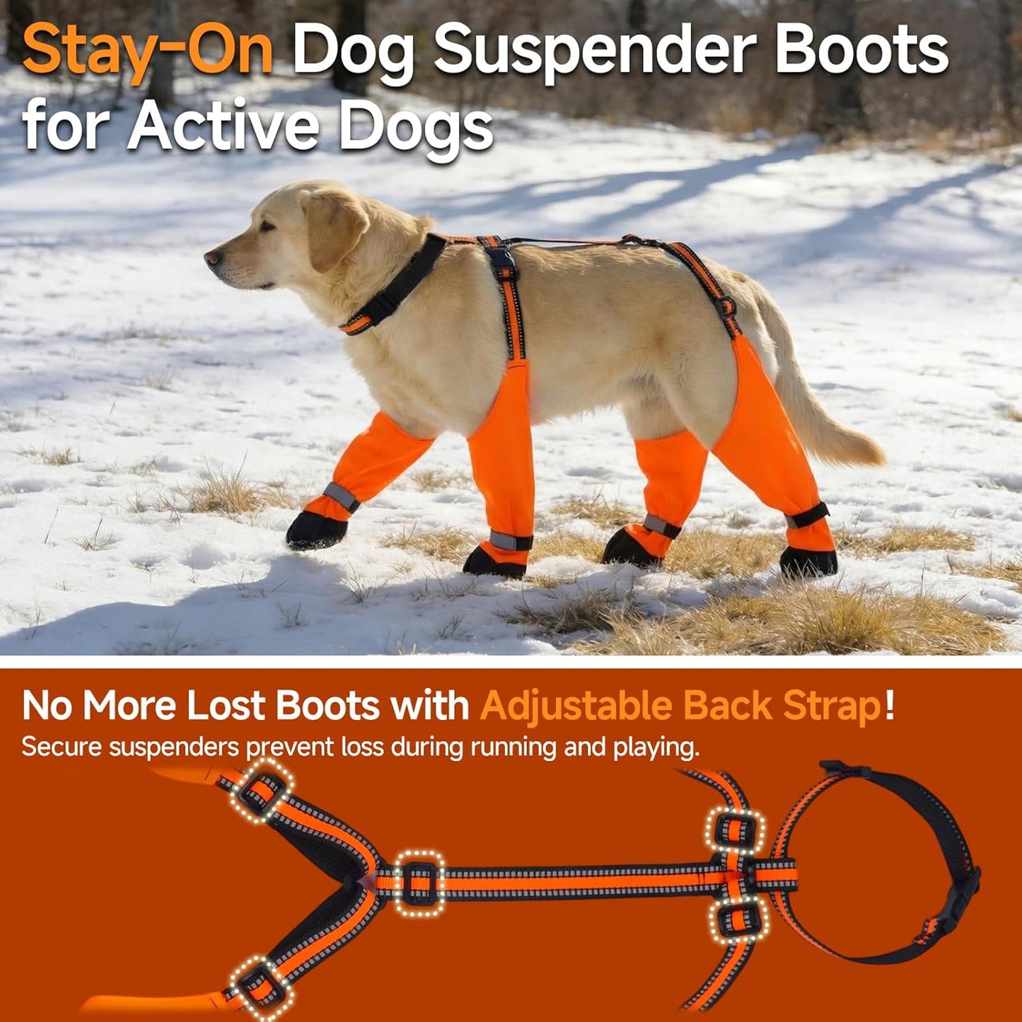 Stay-On Dog Suspender Boots for Rain, Snow & Mud, – Reflective & Waterproof Paw Protectors, Adjustable Non-Slip Dirt-Proof Winter Shoes for Walking, Hiking, Running, Orange, Size XL