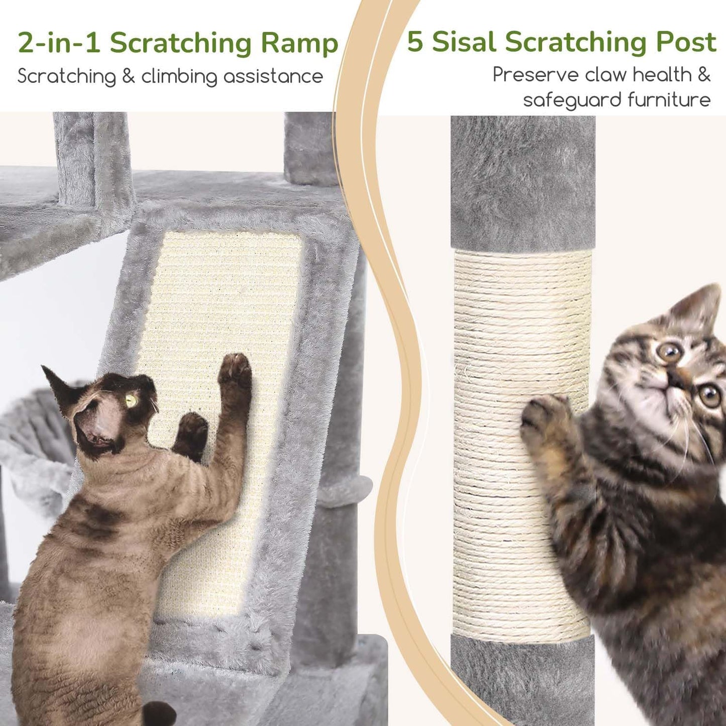 Globlazer Large Cat Tree Tower for Indoor Cats, 74in Tall Sturdy Cat Tree Condo for Large Cat with Scratching Posts and Board, Cat Condos for Adult Cats Kittens, Top Perches, Pet Bed, F74D, Light Grey