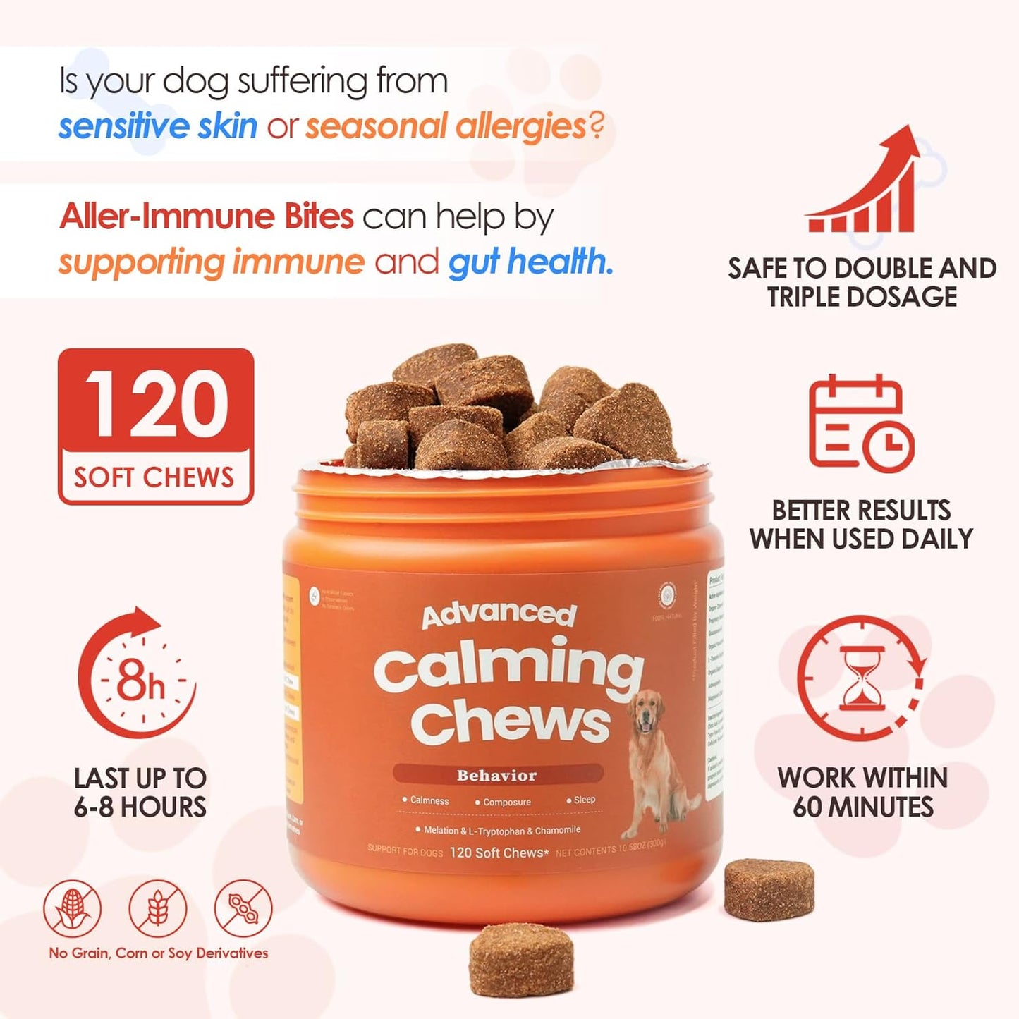 Calming Chews for Dogs with Hemp & Melatonin -All-in-ne Anxiety& Stres helief for Fireworks,Thuderstorms,Travel,Grooming,Separation,and Loud Noise Promotes Relaxation & Sleep -120ct