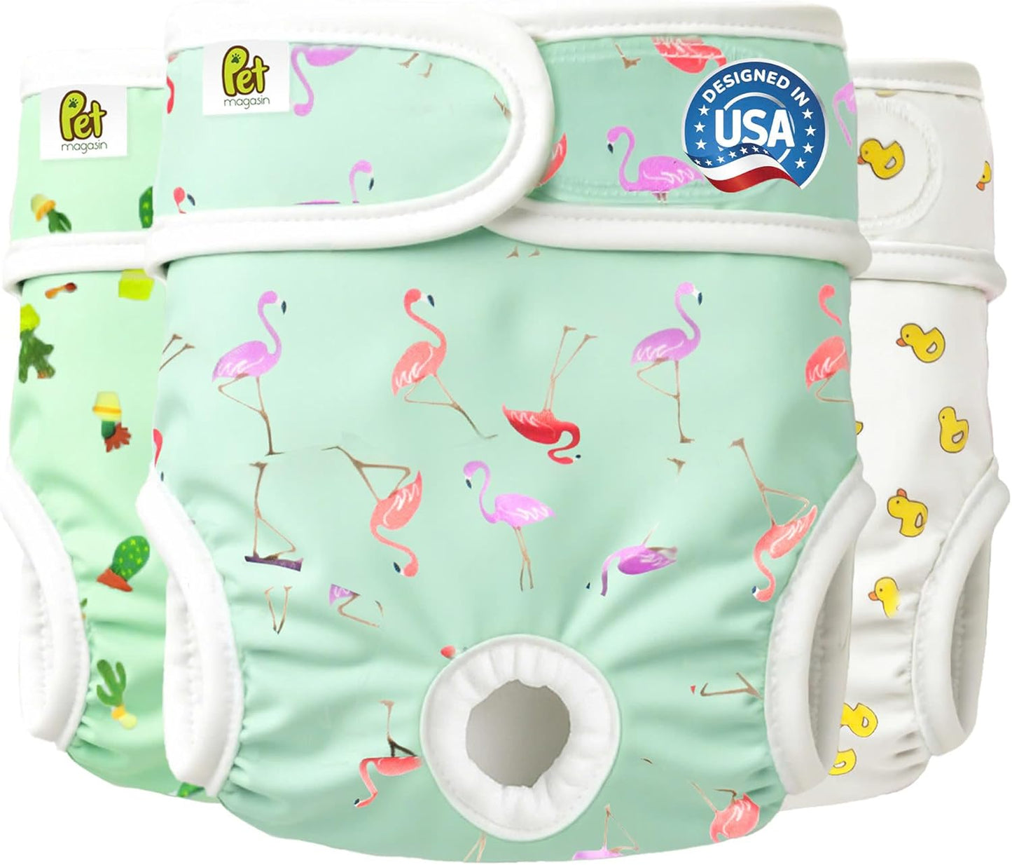 Pet Magasin® Super Absorbent Reusable Dog Diapers for Females (3-Pack) - Ideal Heat Solution, Washable Doggie Diapers for Female Dog - Perfect Doggie in Heat & Period (Trending, XS (10”-12” Waist))