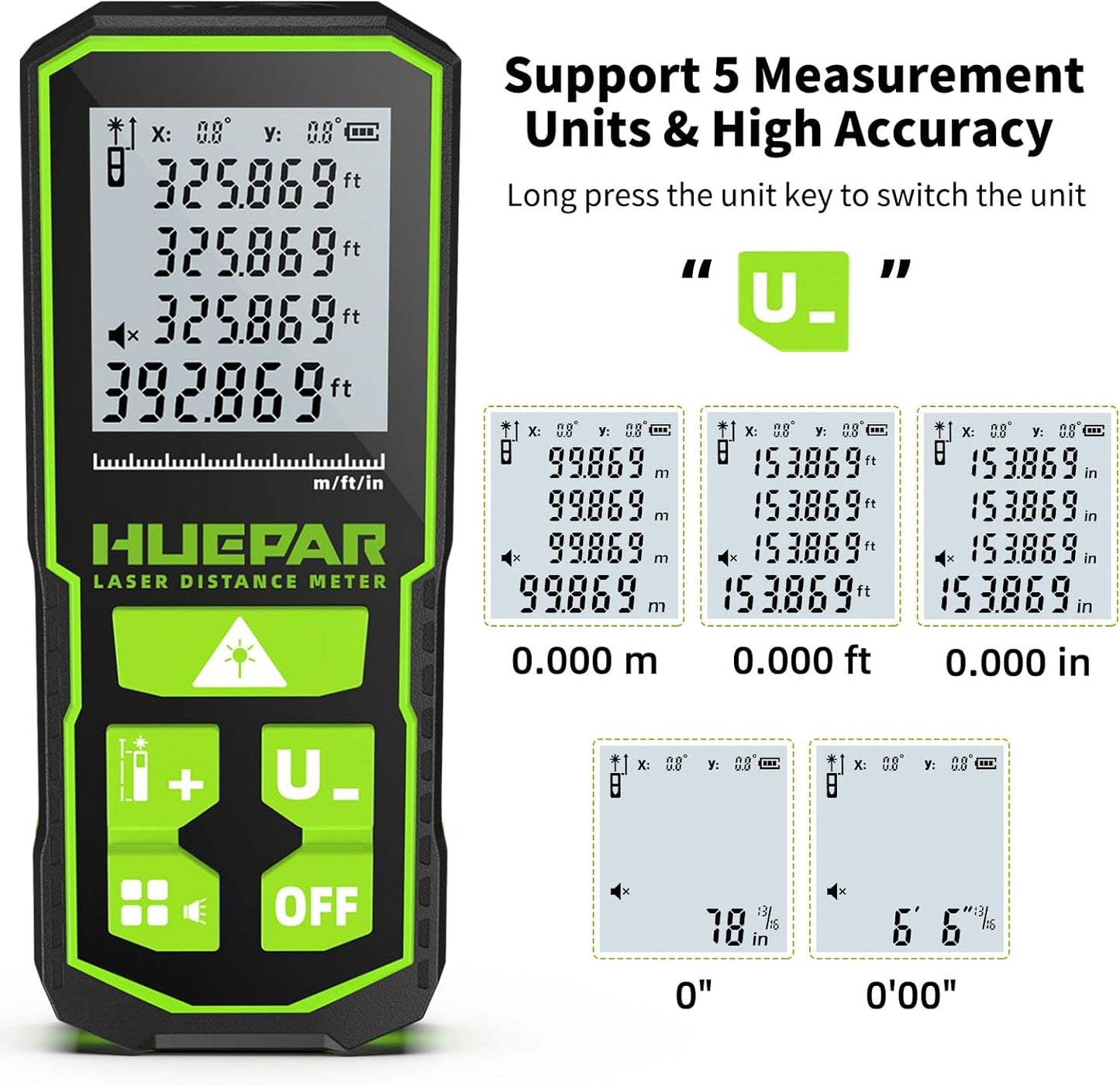 393FT Professional Green Laser Measuring Tool with Angle Sensor, Huepar 1/16in Accuracy Laser Distance Measurement Tool, Digital Laser Room Measuring Device, Laser Distance Meters
