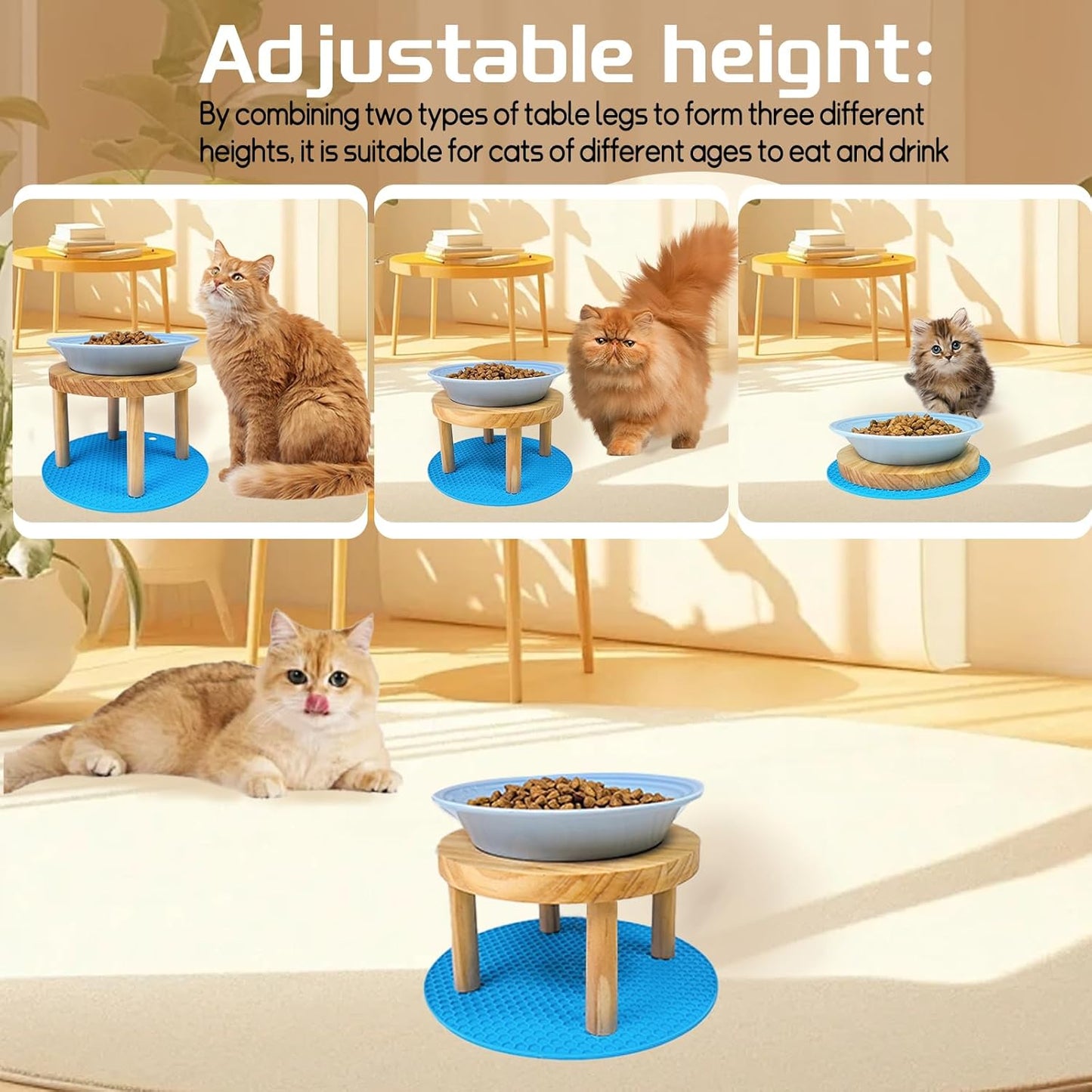 Elevated Cat Bowls Raised Ceramic Cat Dishes Adjustable Height Stand Whisker Fatigue Friendly Food Plates Feeding Station for Kittens Puppies Dog(Pink)(Blue)
