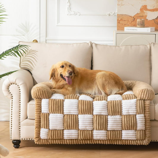 Dog Bed for Couch with Bolster, Comfy Couch Cover for Dogs Washable, Non-Slip Plush Furniture Protector, Calming Fuzzy Lounge Mat, Pet Sofa Accessories (Camel, Large)