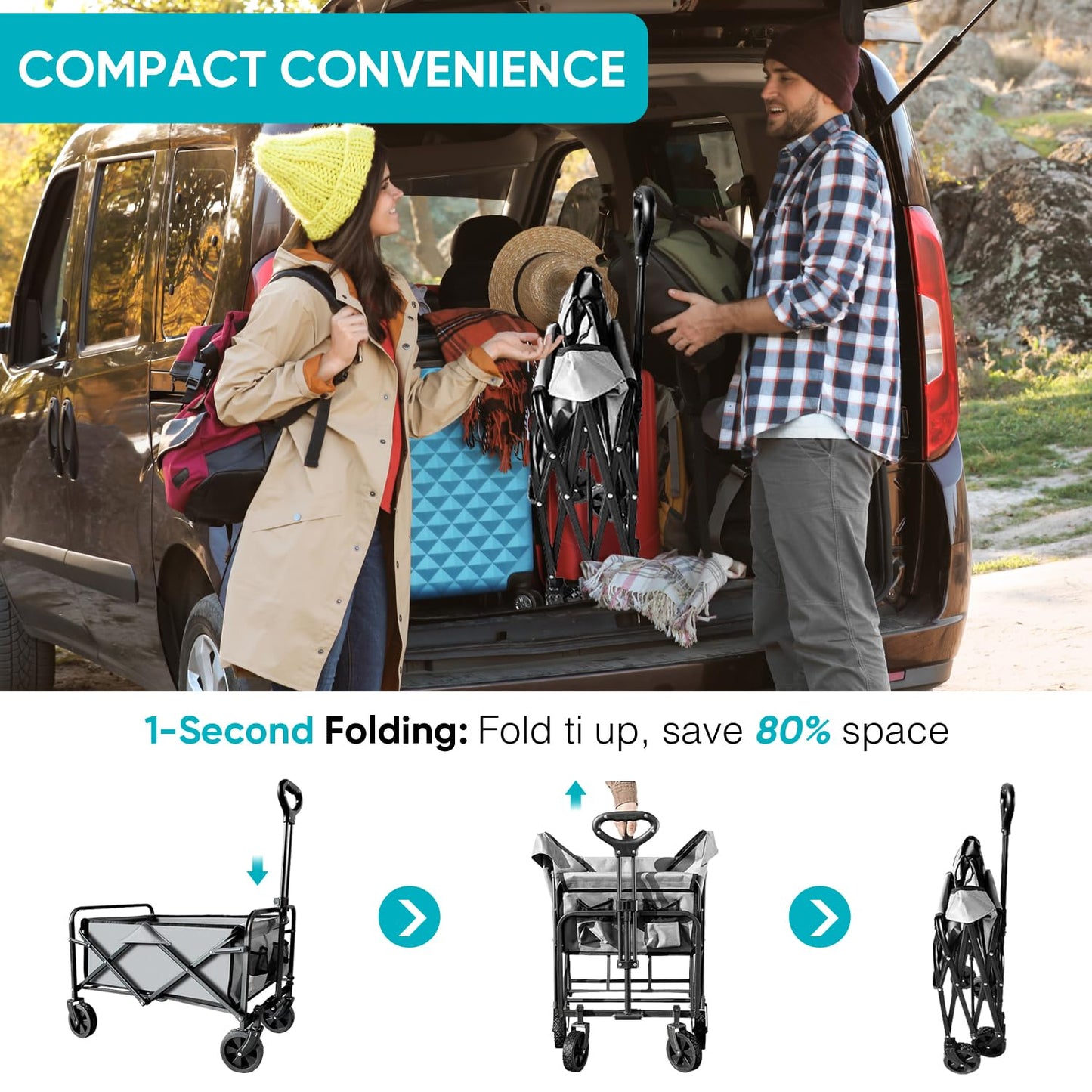 Collapsible Foldable Wagon, Beach Cart Large Capacity, Heavy Duty Folding Wagon Portable, for Outdoor Sports, Shopping, Camping, Gray