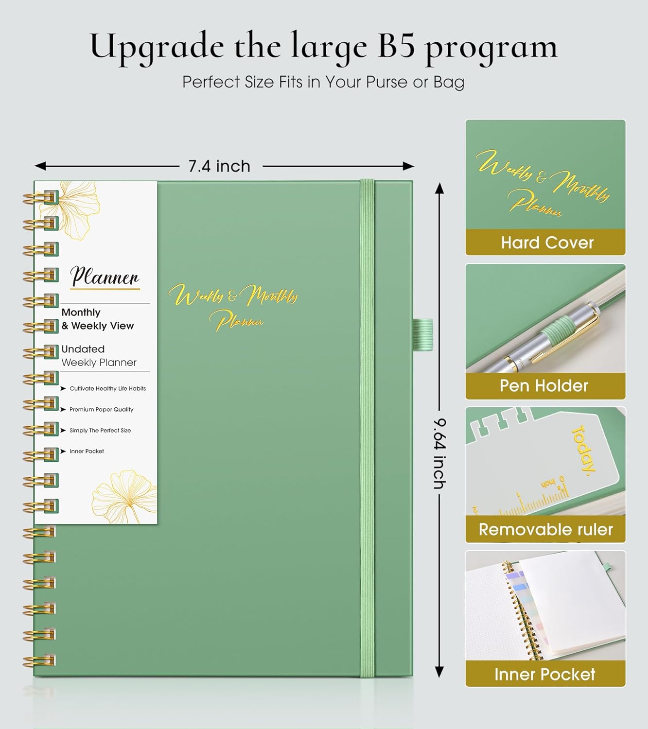 Undated Weekly and Monthly Planner, B5 Large Weekly To Do List Notebook with Goal & Habit Tracker Organizer, Hardcover Spiral Bound Blank Monthly Planner for Work School Home 7.4" x 9.64" Green