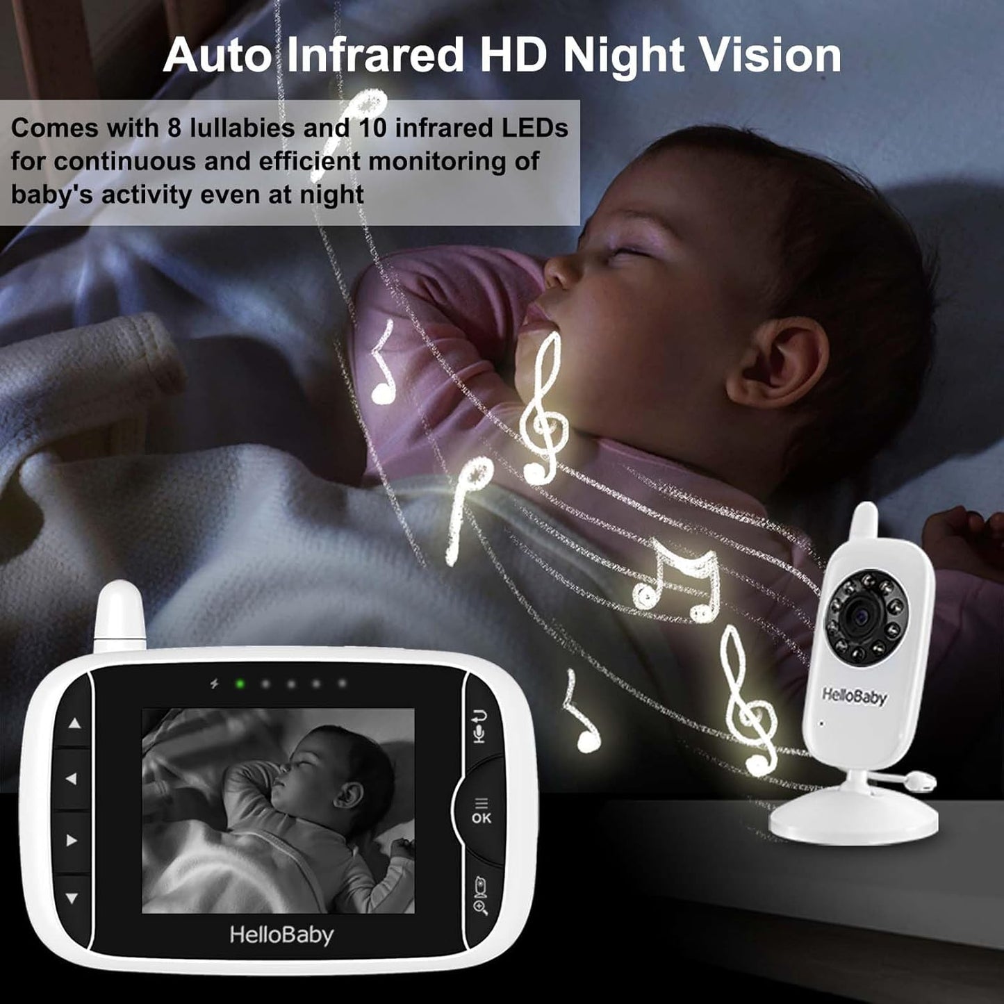 HelloBaby Video Baby Monitor with Camera and Audio, 3.2Inch LCD Display, Infrared Night Vision, Two-Way Audio and Room Temperature Monitoring,Lullaby,Sound Activated Screen