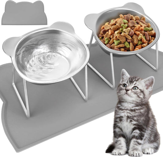 Elevated Cat Bowls, 2 Pack Stainless Steel Cat Food Water Bowls with Non-Slip Placemat, 15° Tilted Stand Anti Vomiting Raised Pet Food Feeding Dishes Plate for Cats Kitten Puppies Dogs Small Animals