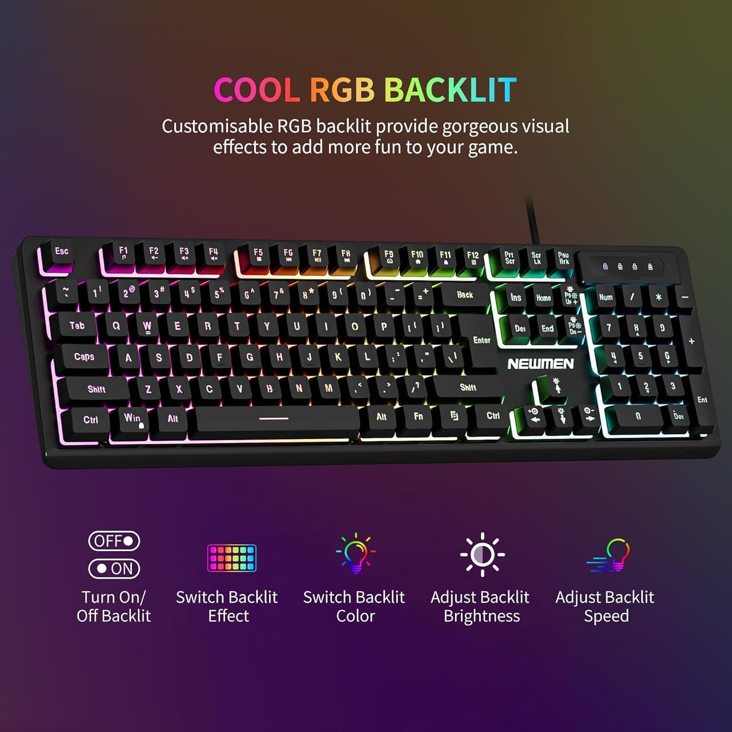 Newmen GM104 Wired Gaming Keyboard and Mouse Combo,USB RGB Backlit Mechanical Feel 26-Key Anti-Ghosting Computer Gaming Keyboards,Colorful Breathing Backlit Gaming Mouse,for PC Gamer Office,Black