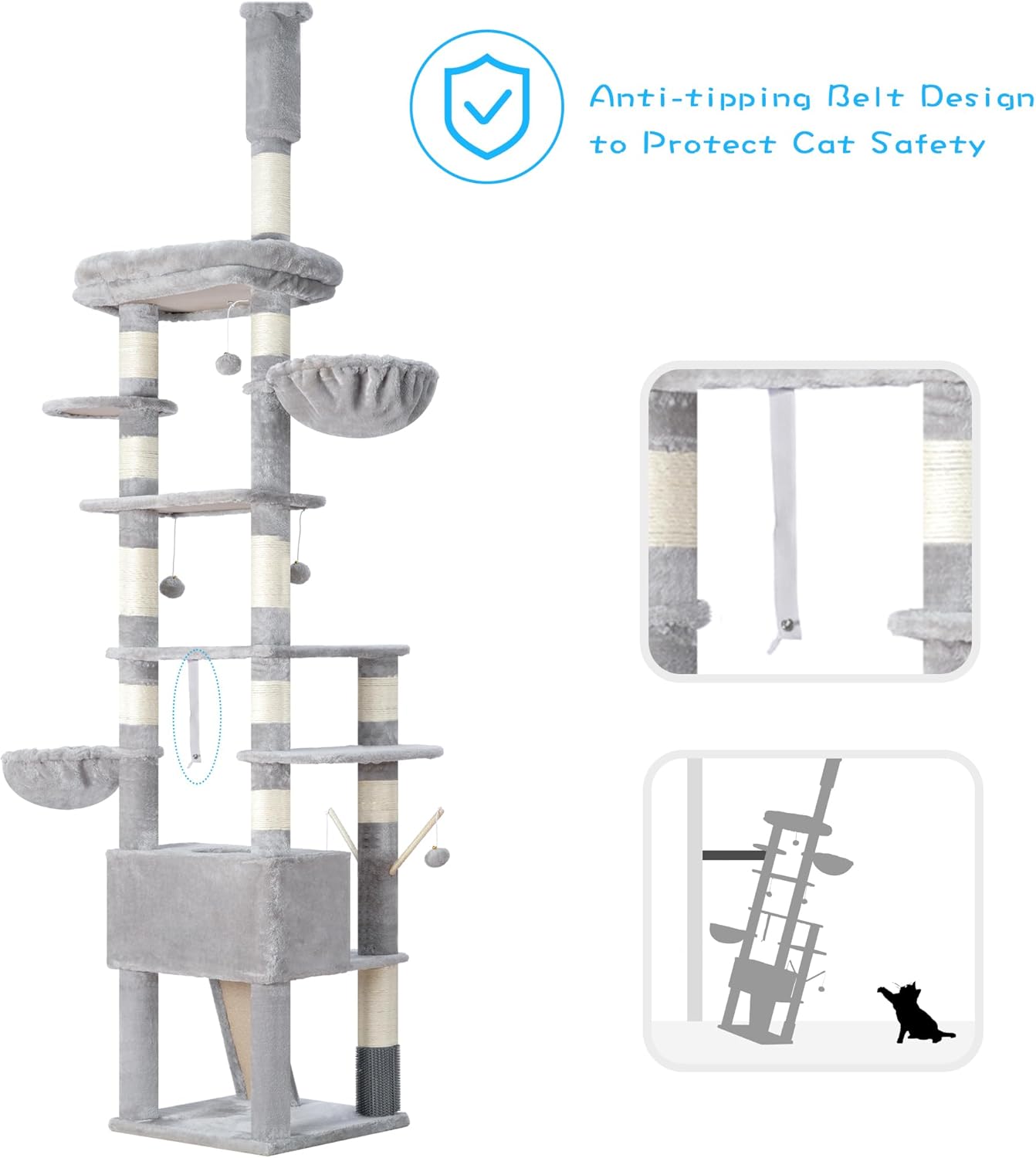 Hey-brother Cat Tree, 98.4-110.2 Inches Floor to Ceiling Cat Tree-Adjustable Height, Tall Cat Climbing Tower for Cats Large Adult with Scratching Post, Cat cando, Light Gray 0MPJ091W