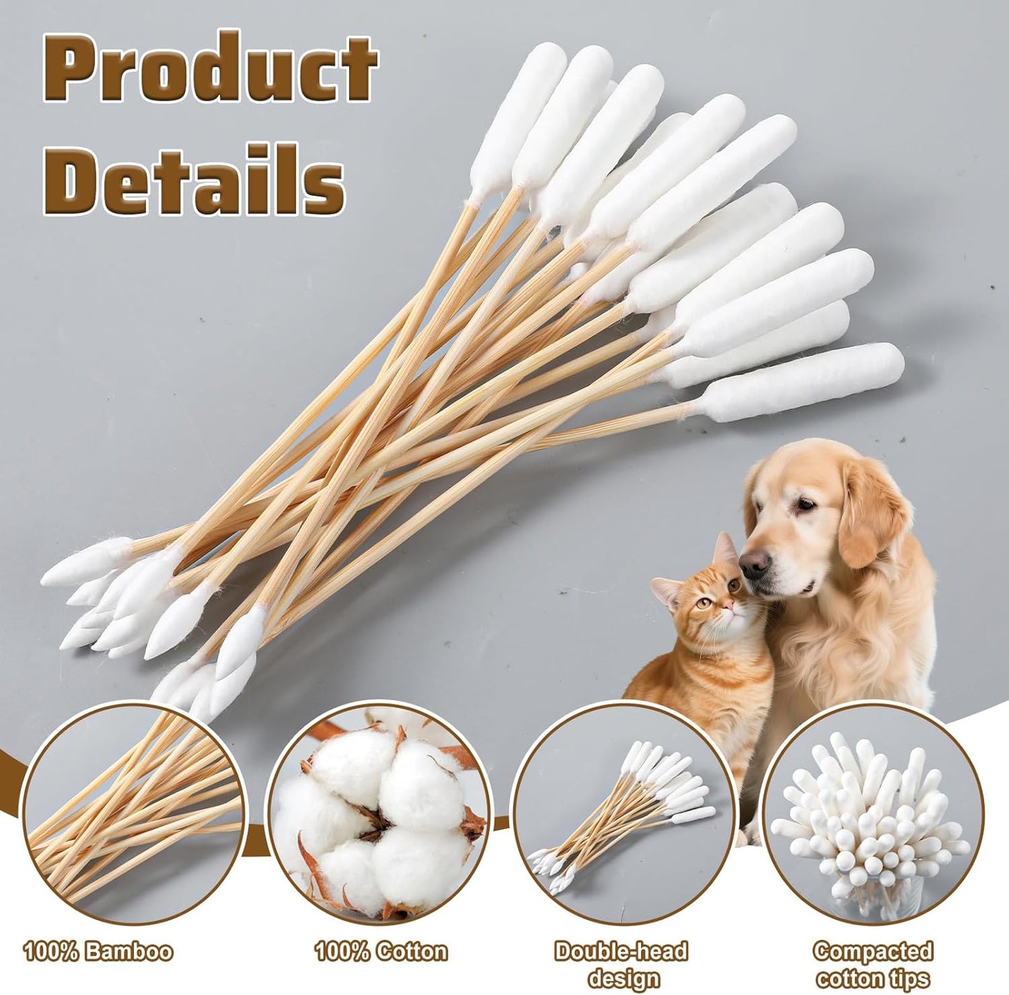 100 Pcs Double Sided Dog Ear Swabs Long Cotton Swabs Tips Cat Dog Ear Cleaner Long Cotton Swab Double Tip Soft Cottons Swab Ears Cleaning for Dogs' Ears Pet Grooming Bathroom Travel Use