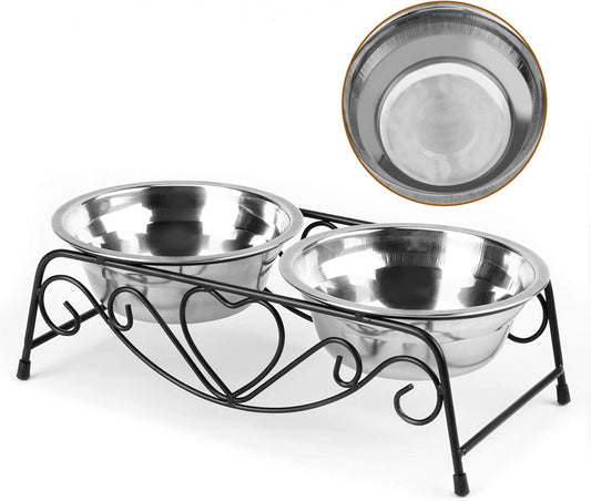 Elevated Double Pet Bowl, Dog Bowls with Stand Polished Stainless Steel Modern Cat Dog Double Puppy Pet Water Lower Raised Feeder Dish Bowls Stand Us, Raised Cat Bowl for Home, Great