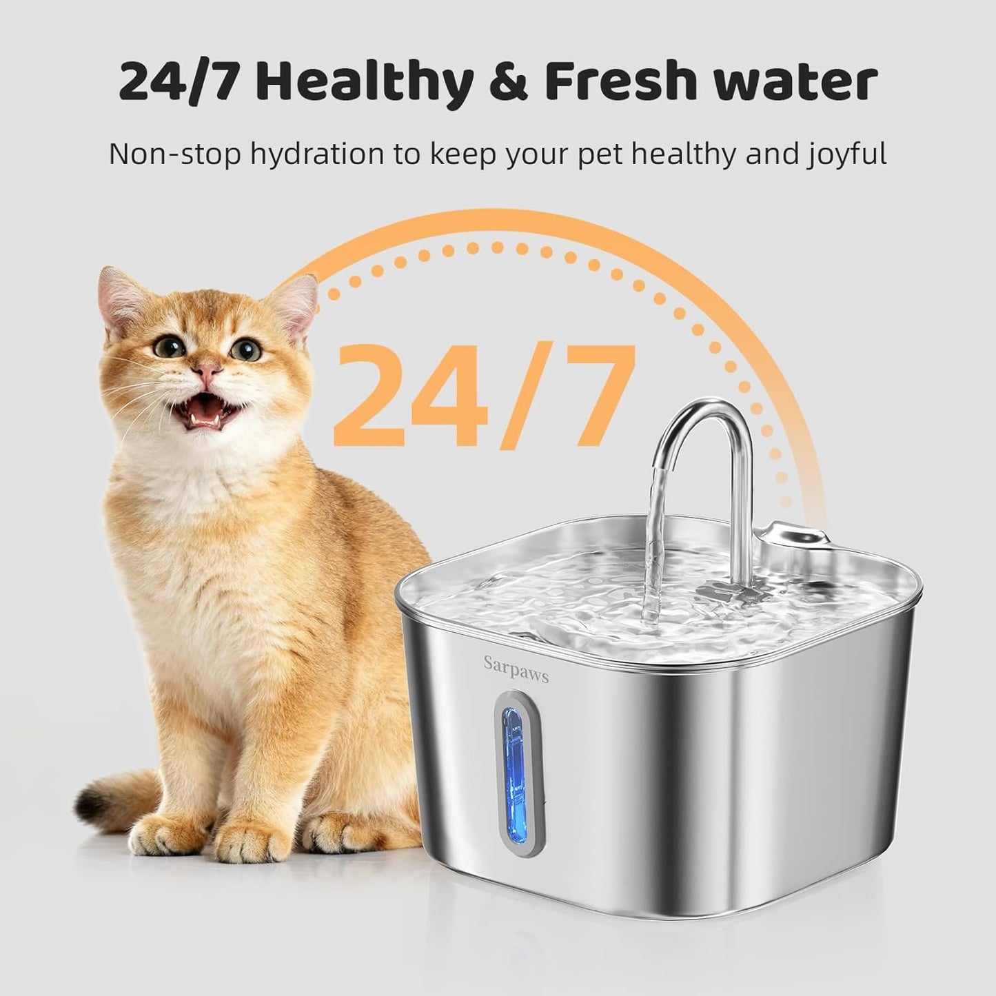 Cat Water Fountain Stainless Steel, 2.2L/74oz Pet Water Fountain for Cats Indoor, Ultra Quiet Cat Fountain for Cats and Small Animals, Cat Fountain for Drinking with 2 Filters & 2 Sponges