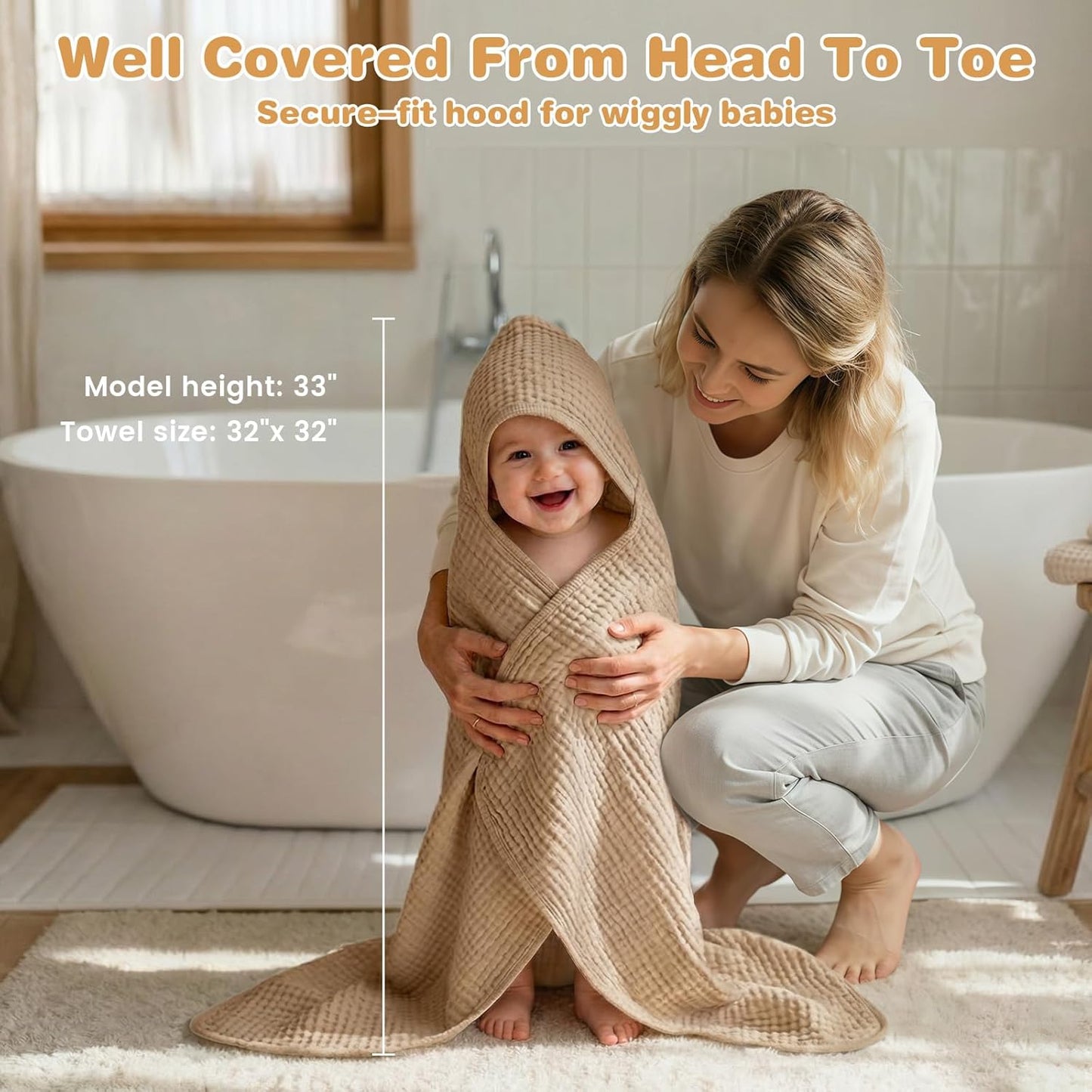 Hooded Baby Bath Towels for Newborn, 2 Pack - 6-Layer 100% Muslin Cotton, Soft Absorbent Baby Towels with Hood for Babies, Infants & Toddlers, Large 32x32 Inch Unisex Newborn Baby Bath Essentials