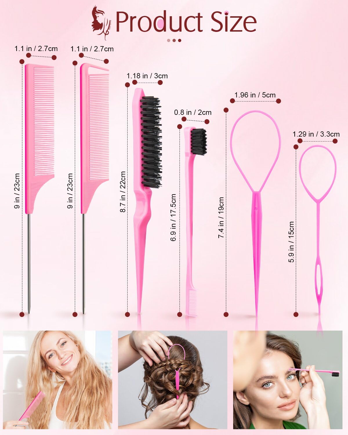 Aigee 8Pcs Hair Styling Combs Set Include 4Pcs Topsy Hair Tail Tools 2 Styles of Rat Tail Comb,1Pcs Bristle Teasing Slick Back hair Brush,1Pcs Edge Control Brush,Eyebrow Brush for Woman Girl Pink