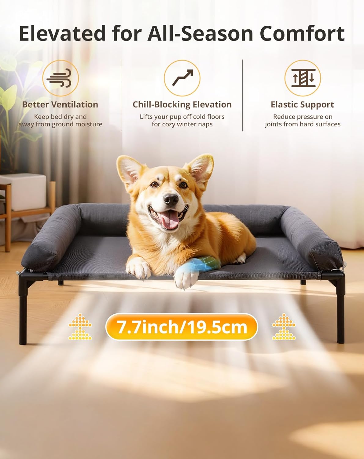 Cooling Elevated Dog Bed, 26.8x34 Raised Dog Bed with Removable Bolster Cushion, Breathable Mesh, Non-Slip Feet, and Metal Frame for Medium Breeds Indoor Outdoor