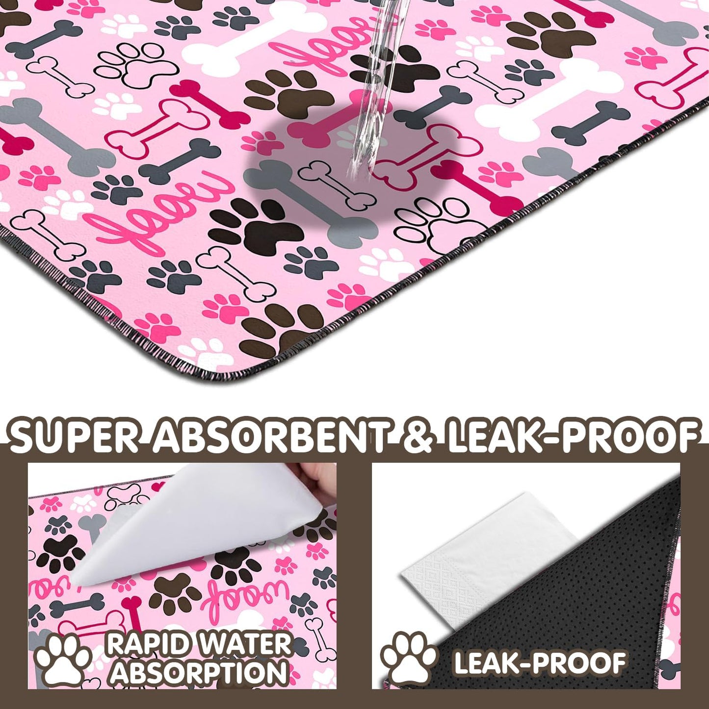 2PC Reusable Potty Pads for Dog-Washable Pee Pads for Floors/Couch/Bed and Crates-with Pink Dogs Paw Pattern Non-Slip Potty Pads for Training 36"x24"