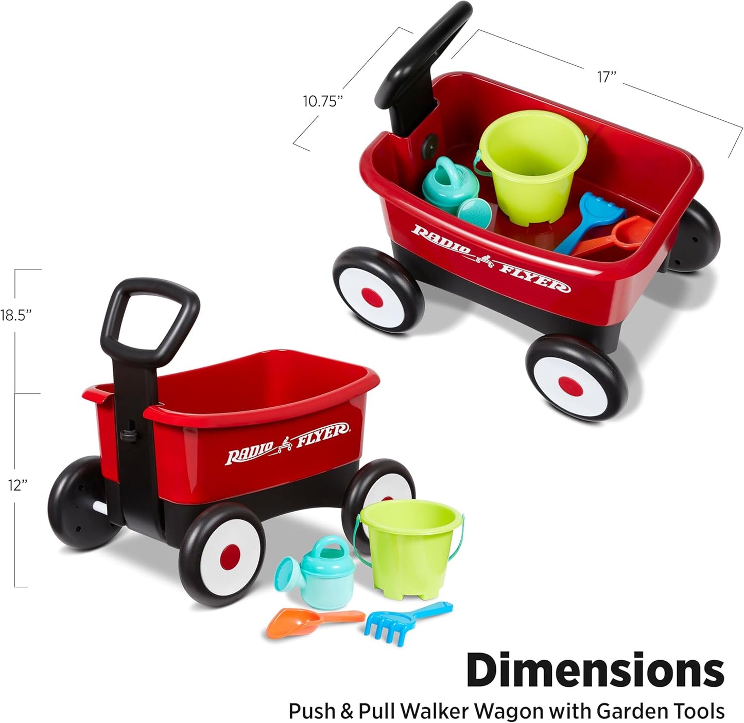 Radio Flyer Push & Pull Walker Wagon with Garden Tools, Red, for Kids 1-4 Years Old, Locking Handle for Stability, Baby Push Walker Converts to Pull Wagon, for Indoor & Outdoor Play