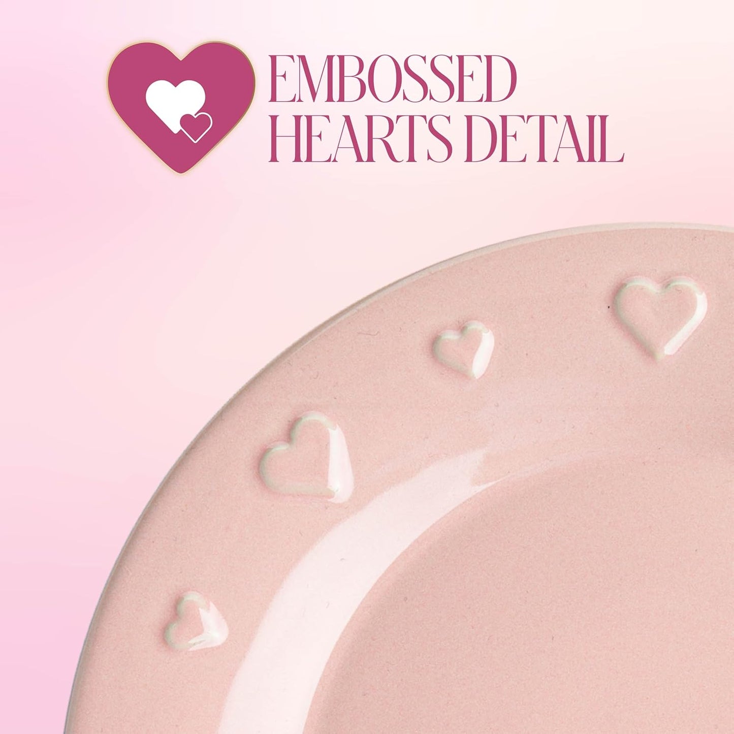 Paris Hilton 12-Piece Dinnerware Set, Embossed Hearts. Iconic Ceramic Stoneware Service for 4 with Dinner Plates, Salad Plates, and Bowls, Microwave & Dishwasher Safe, Pink