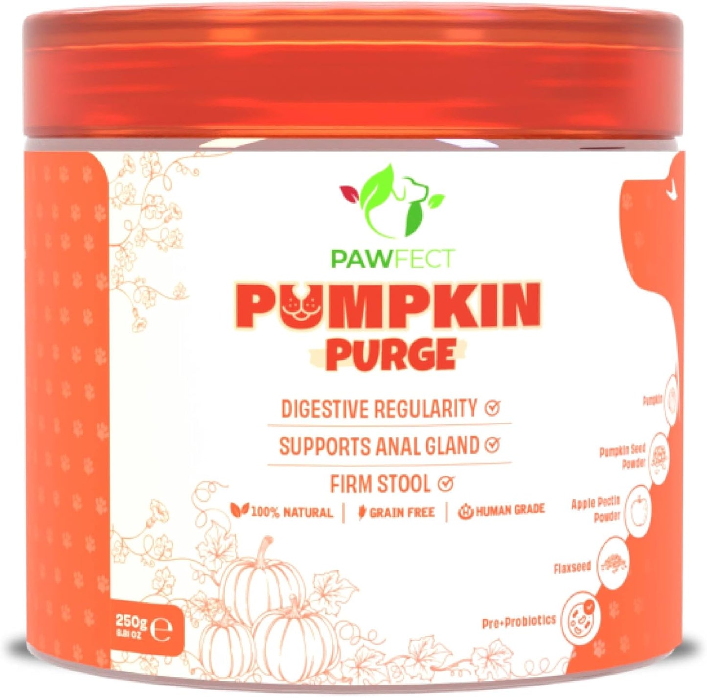 Pawfect Pumpkin Purge Dog Food Toppers for Digestion Gut Health Firm Stool and Anal Gland Support with Pumpkin Apple Pectin Flaxseed Pre and Probiotics (250g/8.8oz)