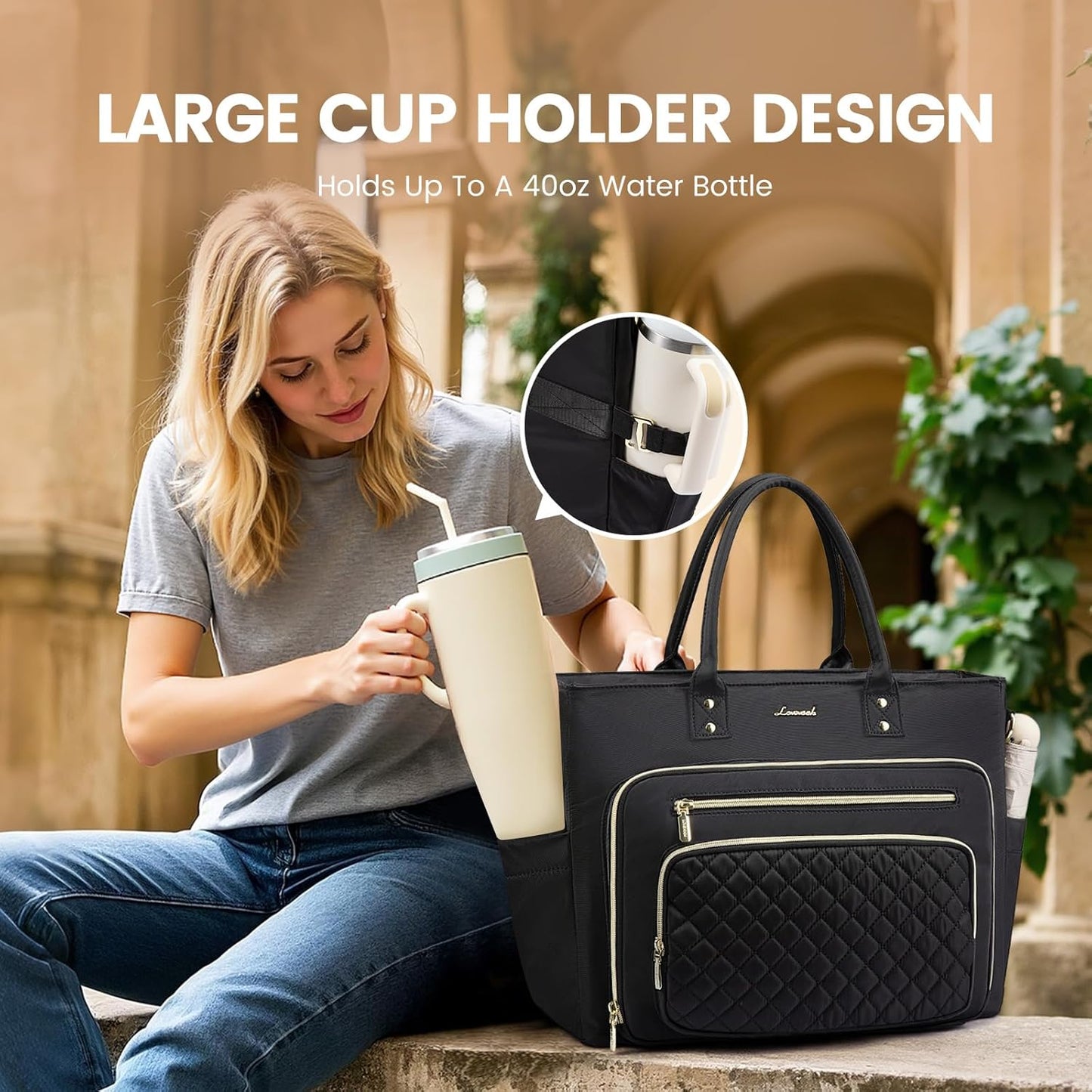 LOVEVOOK Teacher Tote Bag for Women Work, Laptop Bag Work Tote Bag Nurse Bags With Large Cup Holder, Professional Computer Briefcase Business Large Purses Handbag, Diaper Bag Mother Gift, Black