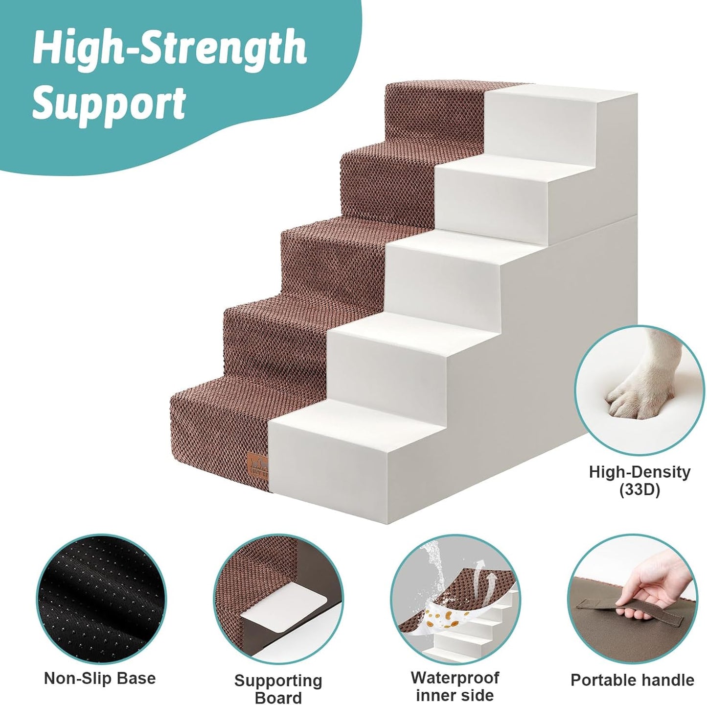 Dog Stairs with Detachable Zipper, 19.7" Extra Wide Right-Angle Pet Stairs for Bed, Anti-Slip Dog Steps for Lowrider and Puppy, Elderly Cats with Support Board, 19.7x29.5x23.6 inch, Brown