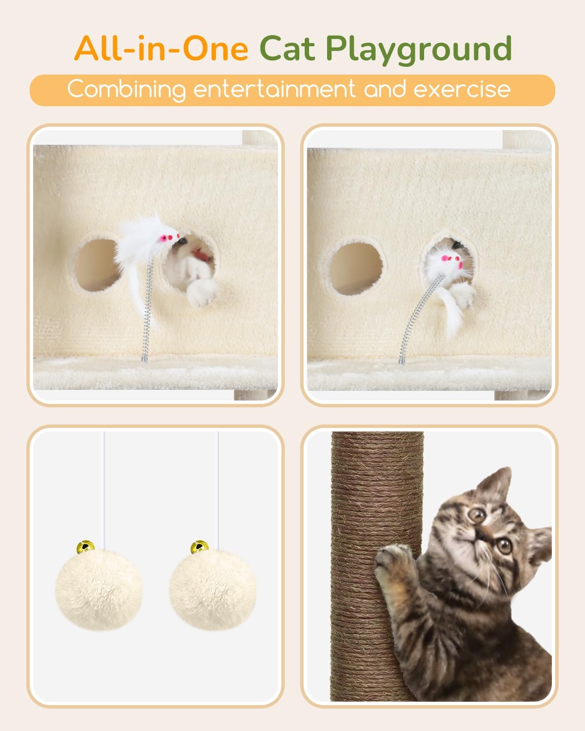 Globlazer Heavy Duty Cat Tree Tower 80in Tall Extra Large Cat Tree Tower for Multiple Indoor Cats Large Adult with Scratching Posts, 2 Spacious Condos, Padded Perches, Soft Hammock, S80B, Beige