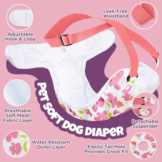Pet Soft Dog Diapers Female with Suspenders, 3 Pack Reusable Female Dog Diapers for Heat, Dog Period Panties for Doggie in Cycle(X-Small, Flowers)