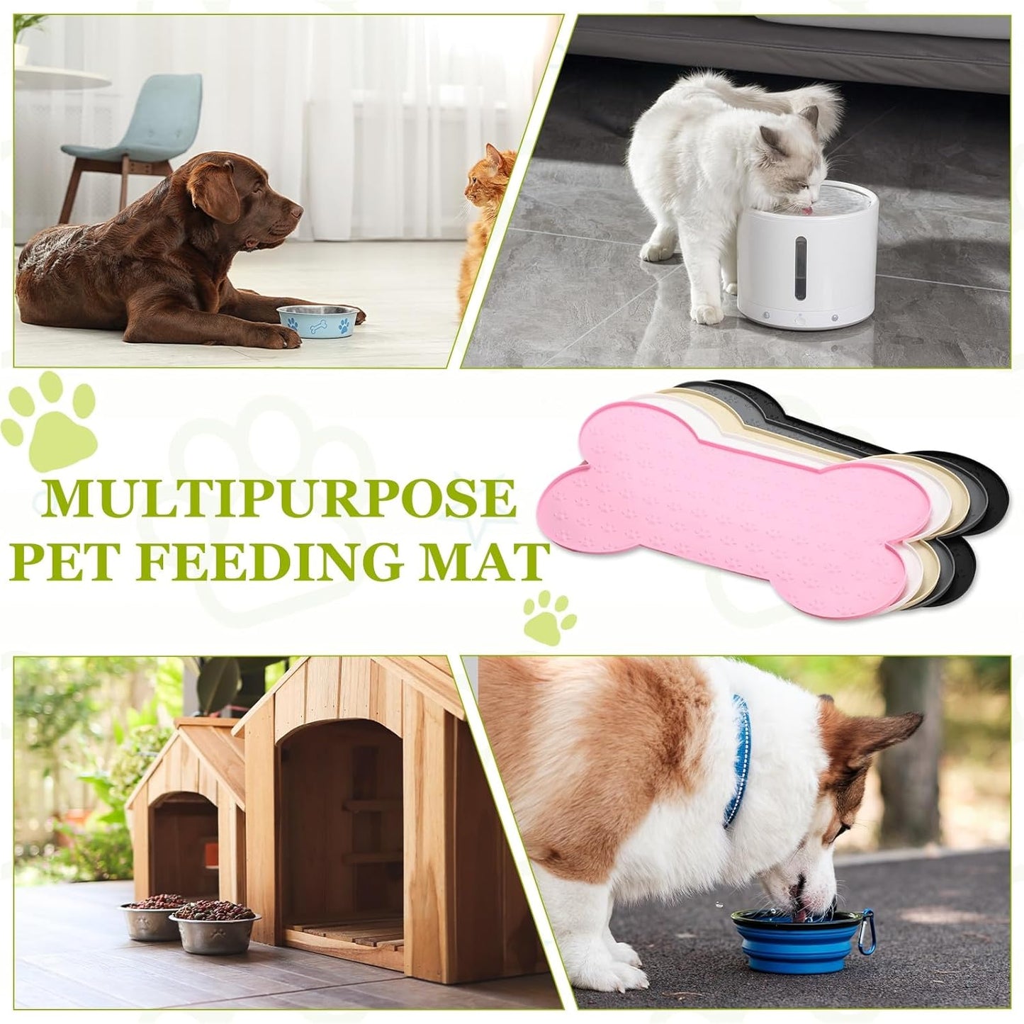 Dog Food Mat, 20x10 Inch Silicone Pet Feeding Mat Non-Slip Bone Shaped Waterproof Dog Water Bowl Tray Raised Edge Protects Floors (Pink), Intended for Pets Bowl/Fountain