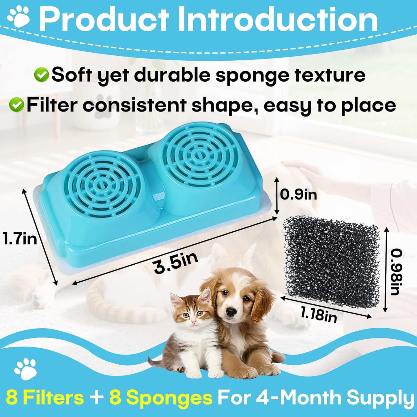 8-Pack Pet Water Fountain Filter Replacement for Emdoro Pet Water Fountain, Fit for 3.2L/108oz Wireless Stainless Steel Cat Water Fountain for 4 Months Supply