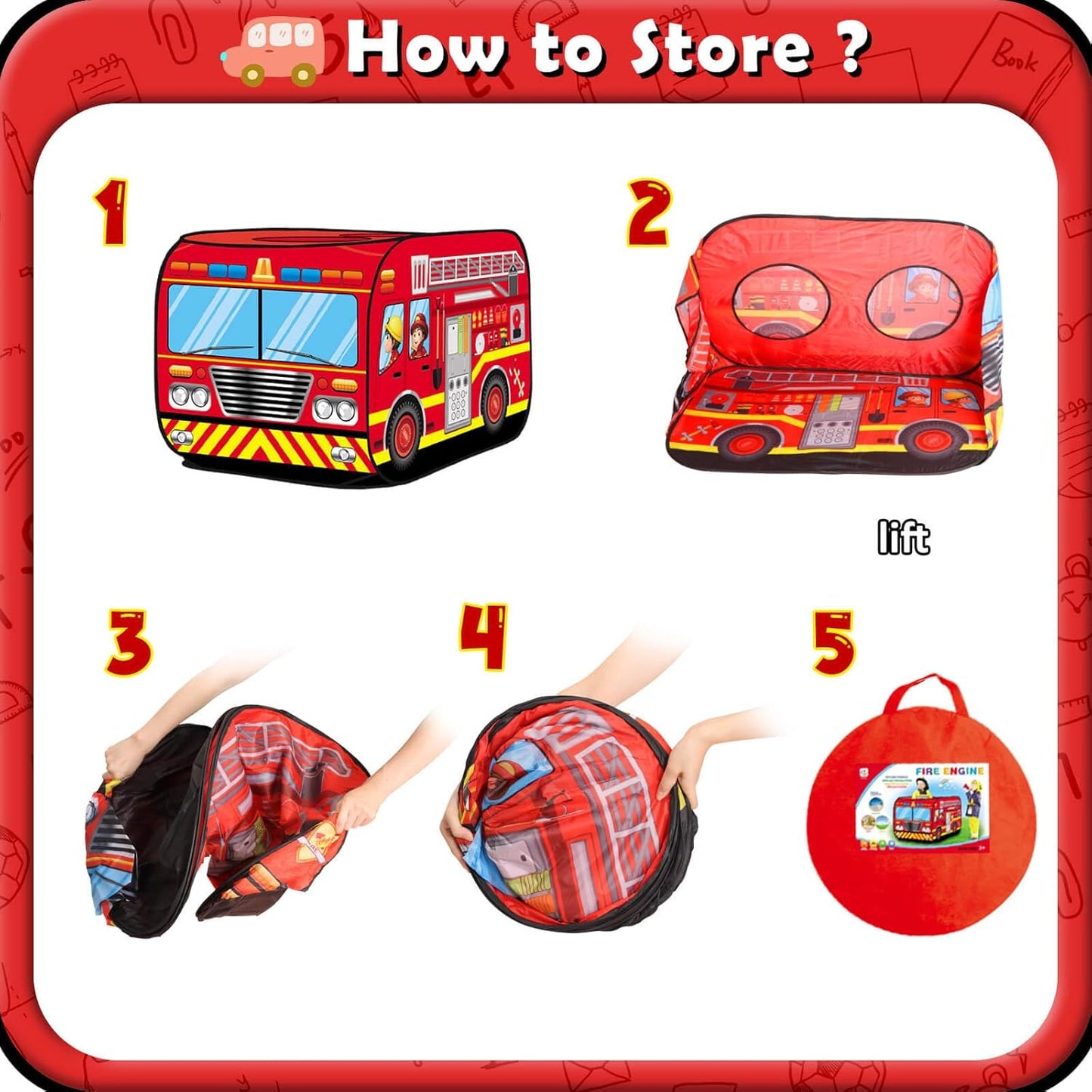 Pop Up Play Tent for Kids Aged 3-5 Years Old Boys and Girls : Fire Truck Tent Playhouse Toy Play Tents for Toddlers 3-5 Kids Tent Indoor Outdoor Playhouse Toys for 3 + Year Old, Fire Truck
