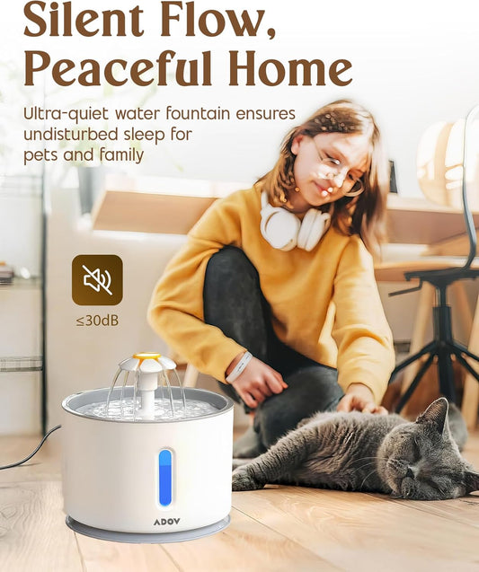 ADOV Cat Water Fountain, 81oz/2.4L Cat Fountain with LED Water Level Window and 3 Replaceable Filter, Ultra Quiet Healthy and Hygienic Pet Drinking Bowl, Automatic Pet Fountains for Cats, Dogs