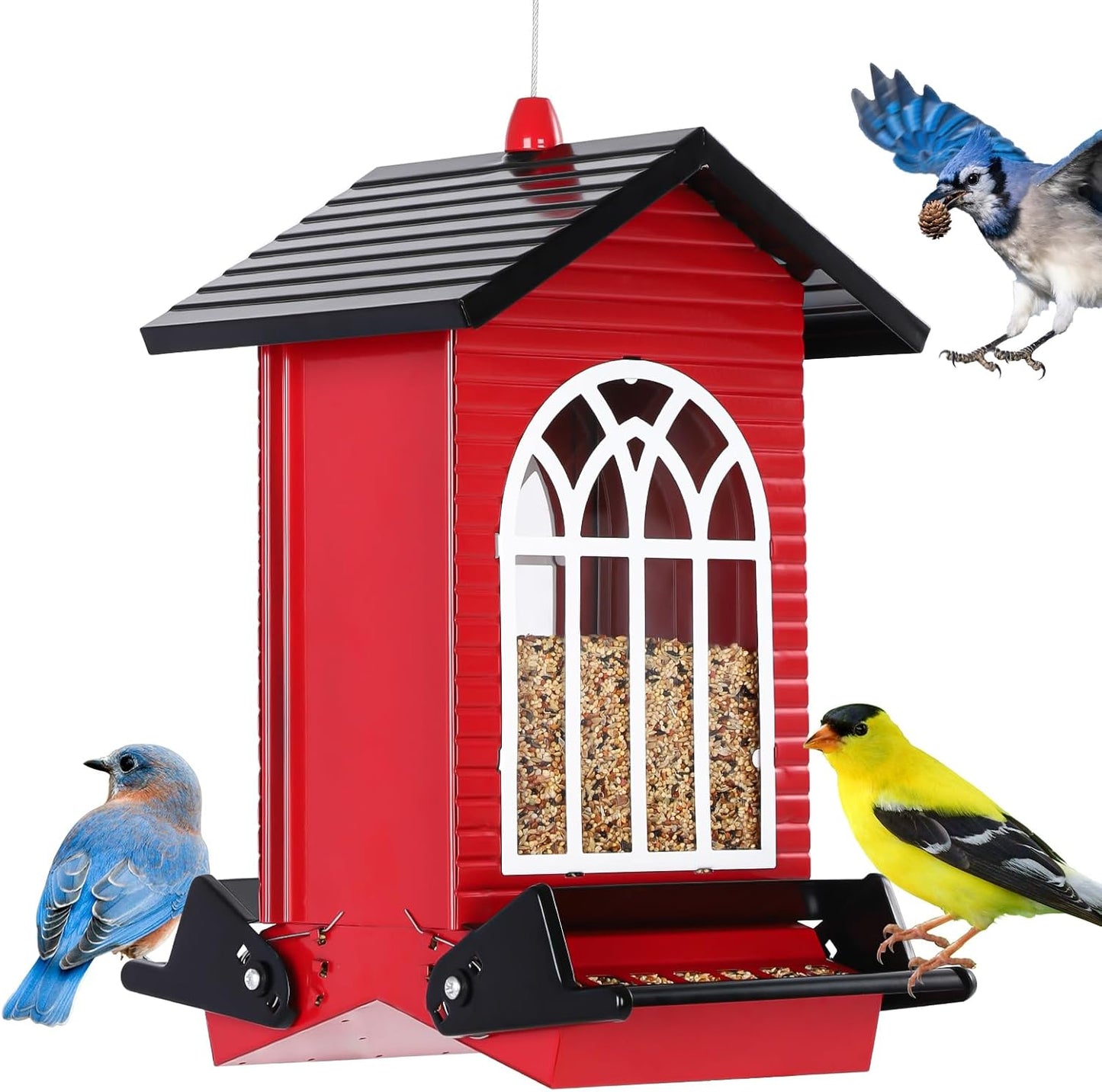 Squirrel Proof Bird Feeder for Outdoors,5LB Large Capacity,Metal Wild Bird Seed Feeder with Bilateral Weight-Activated Perches for Outside Hanging,Finch,Cardinal,Blue Jay,Garden Decoration,Red